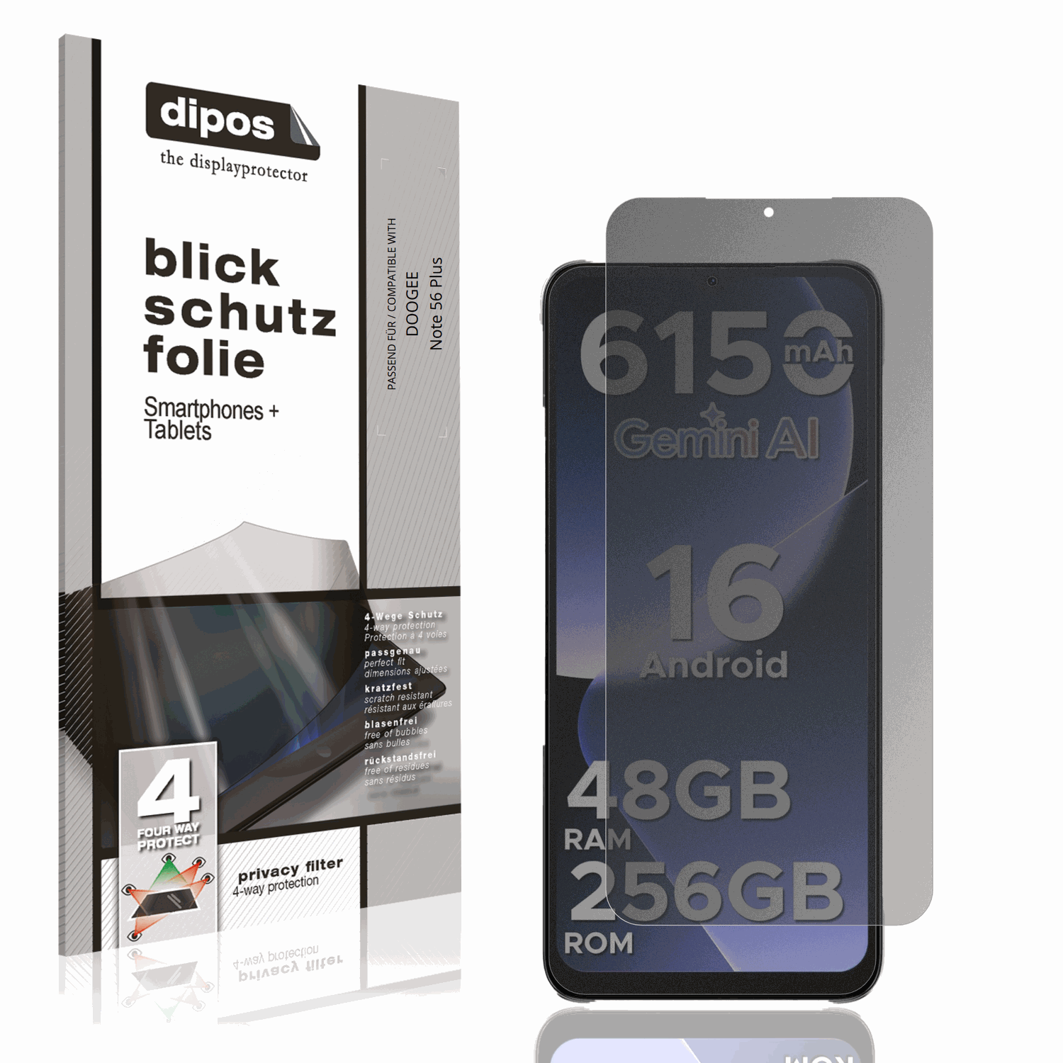 Blickschutzfolie von dipos passend für DOOGEE Note 56 Plus, präziser Zuschnitt und blasenfrei montiert