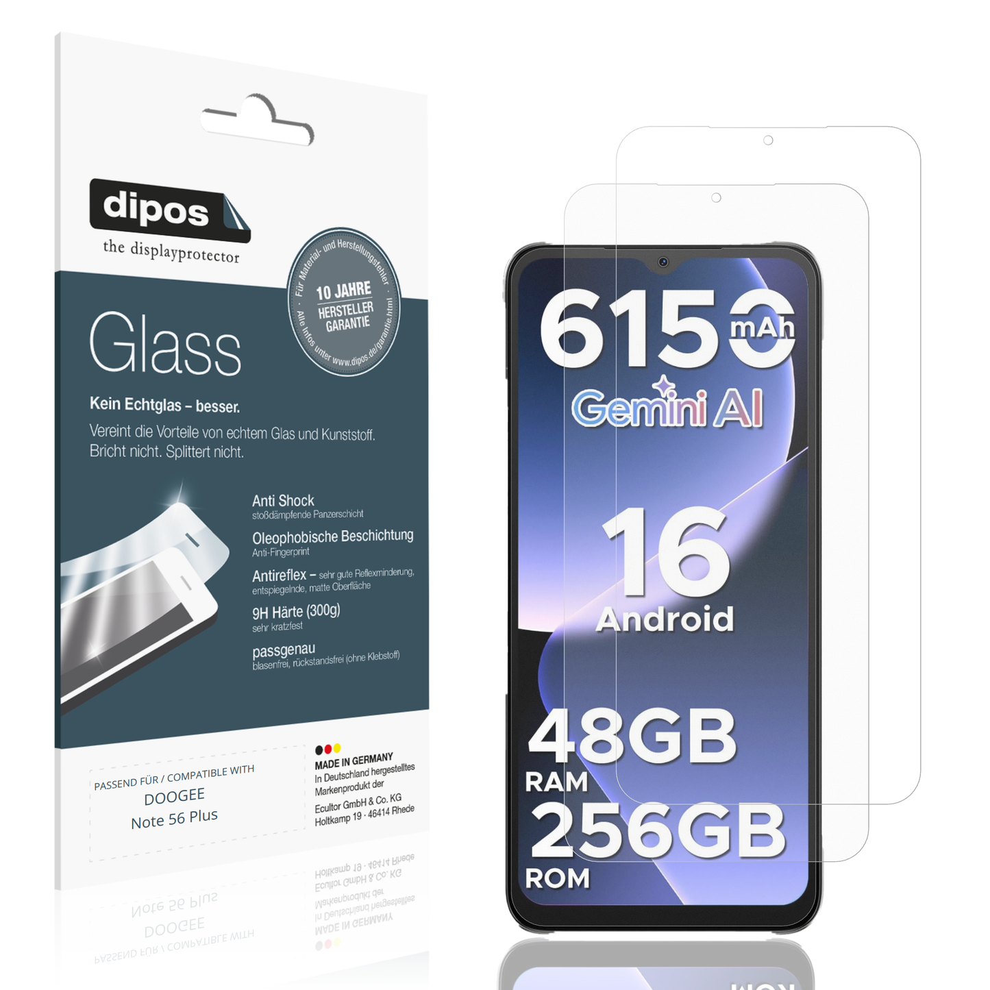 Matte Displayschutzfolie von dipos passend für DOOGEE Note 56 Plus, 9H kratzfest und blasenfrei montiert