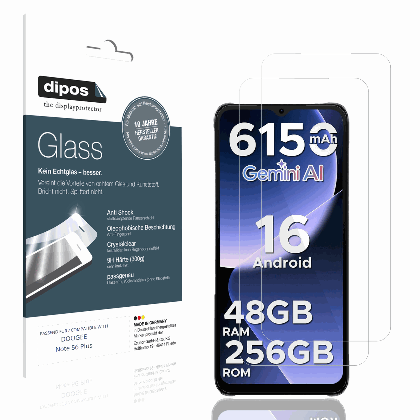Klare Displayschutzfolie von dipos passend für DOOGEE Note 56 Plus, 9H kratzfest und blasenfrei montiert