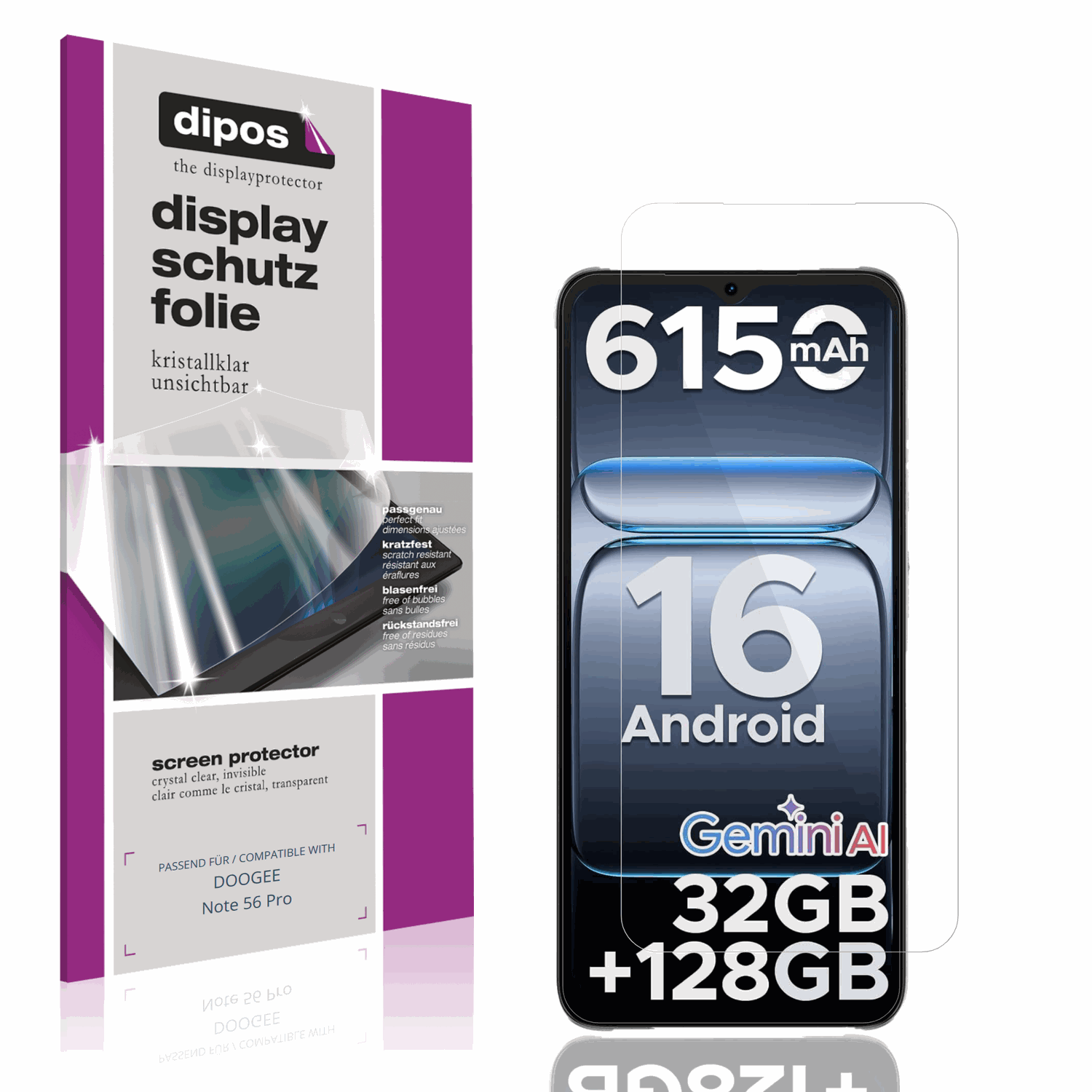 Klare Displayschutzfolie von dipos passend für DOOGEE Note 56 Pro, präziser Zuschnitt und blasenfrei montiert