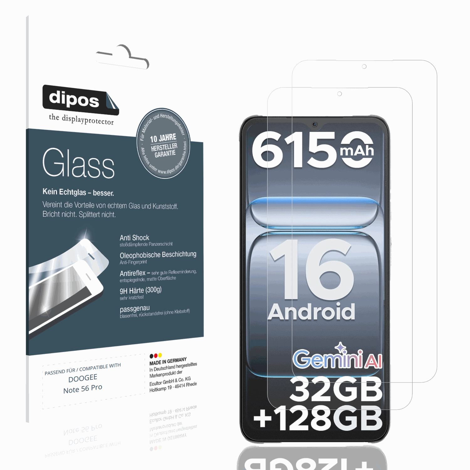 Matte Displayschutzfolie von dipos passend für DOOGEE Note 56 Pro, 9H kratzfest und blasenfrei montiert