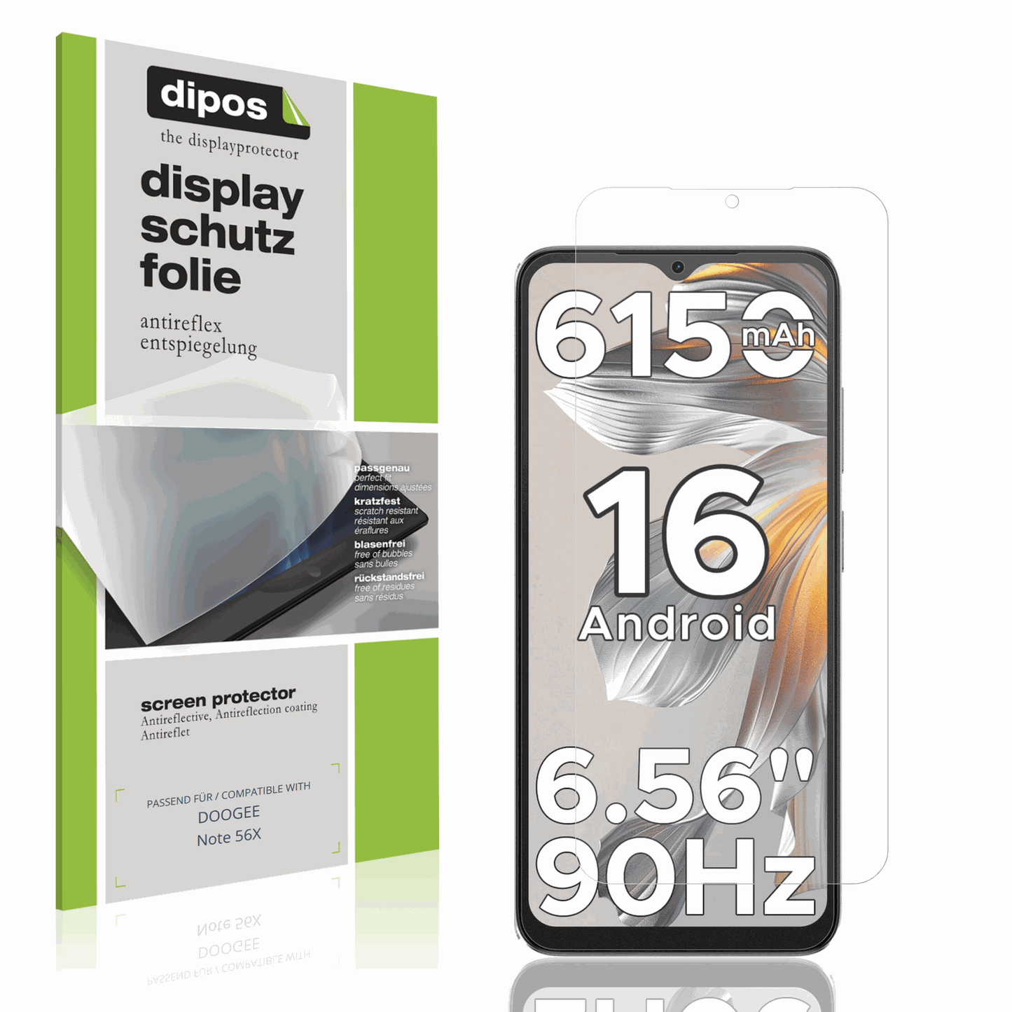 Matte Displayschutzfolie von dipos passend für DOOGEE Note 56X, präziser Zuschnitt und blasenfrei montiert