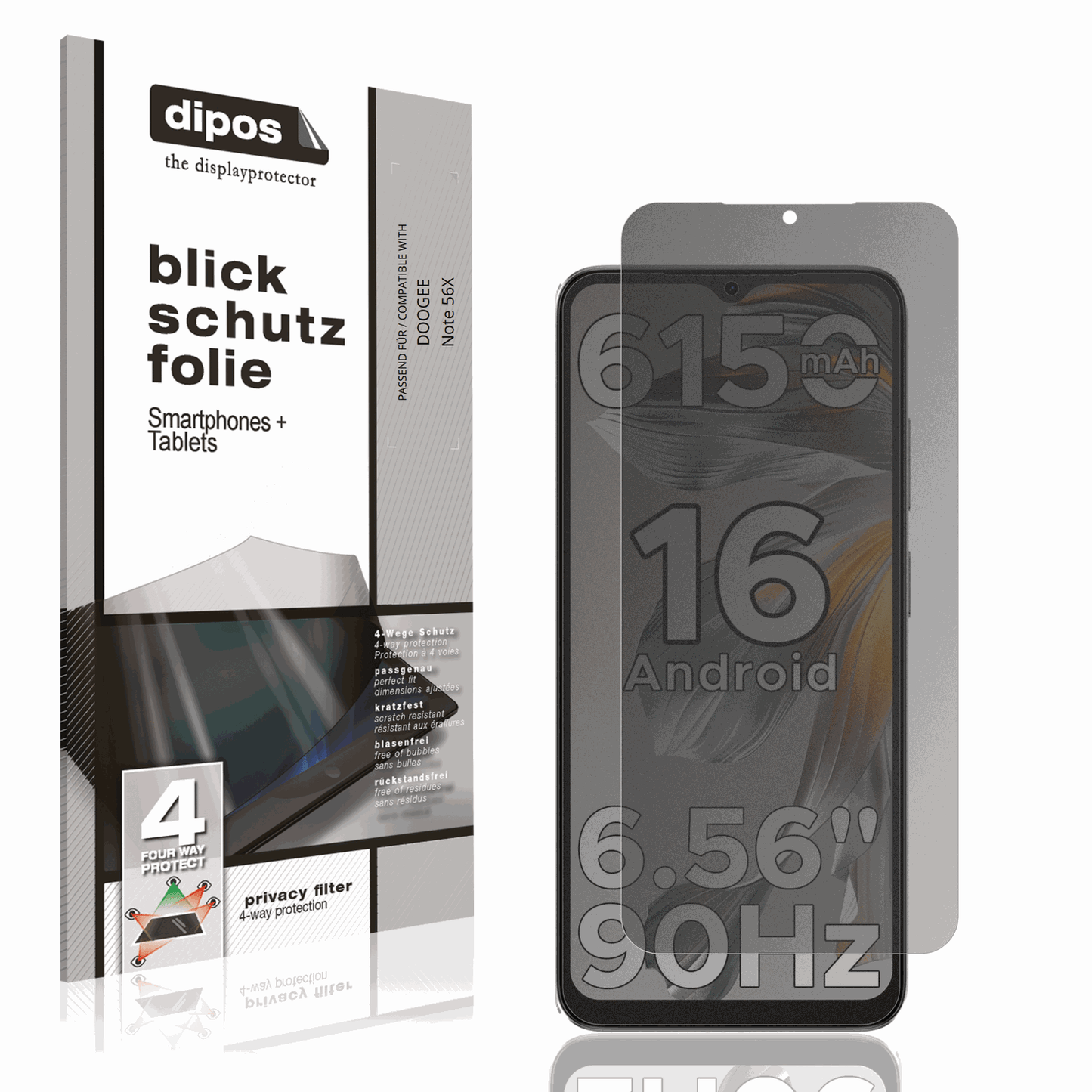 Blickschutzfolie von dipos passend für DOOGEE Note 56X, präziser Zuschnitt und blasenfrei montiert