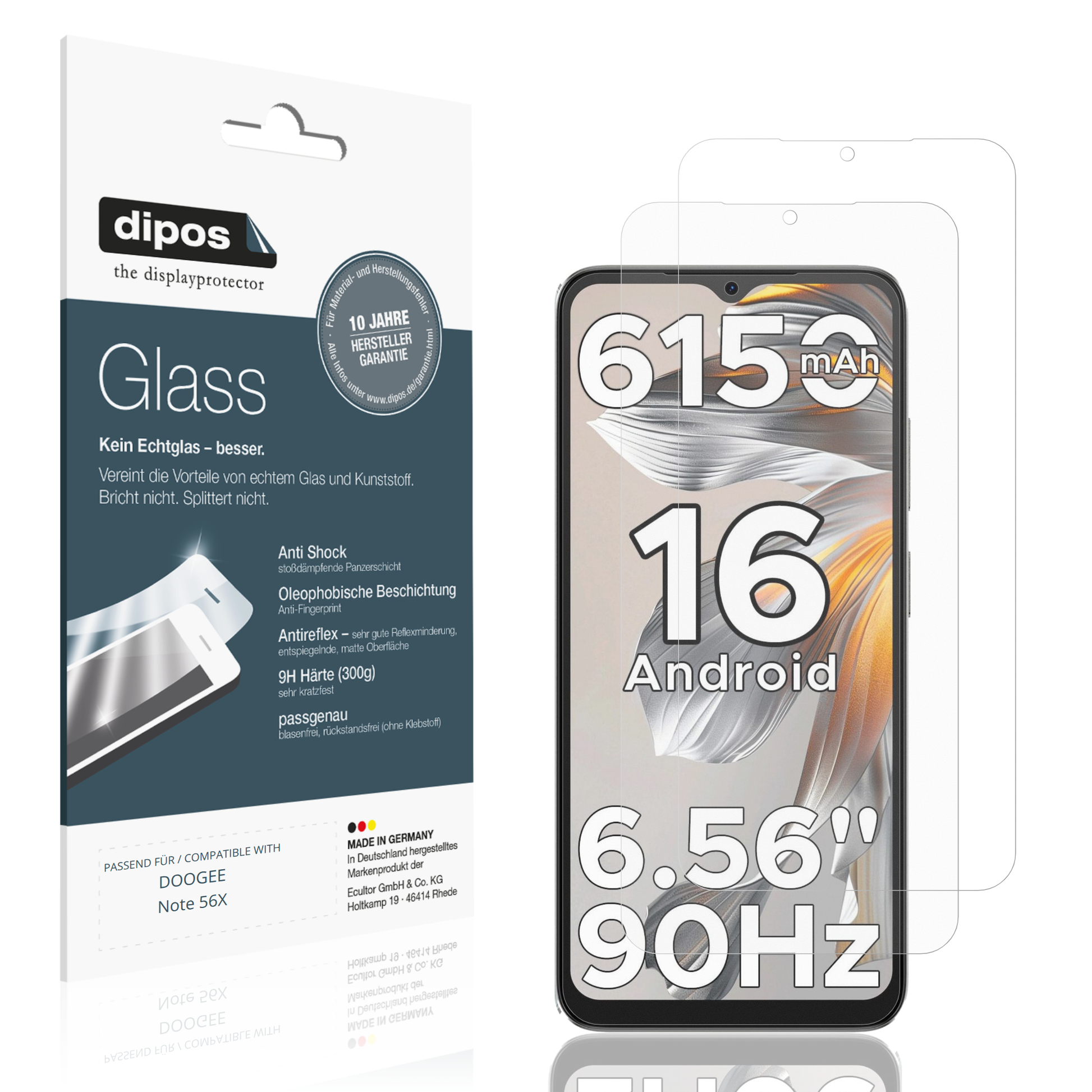 Matte Displayschutzfolie von dipos passend für DOOGEE Note 56X, 9H kratzfest und blasenfrei montiert