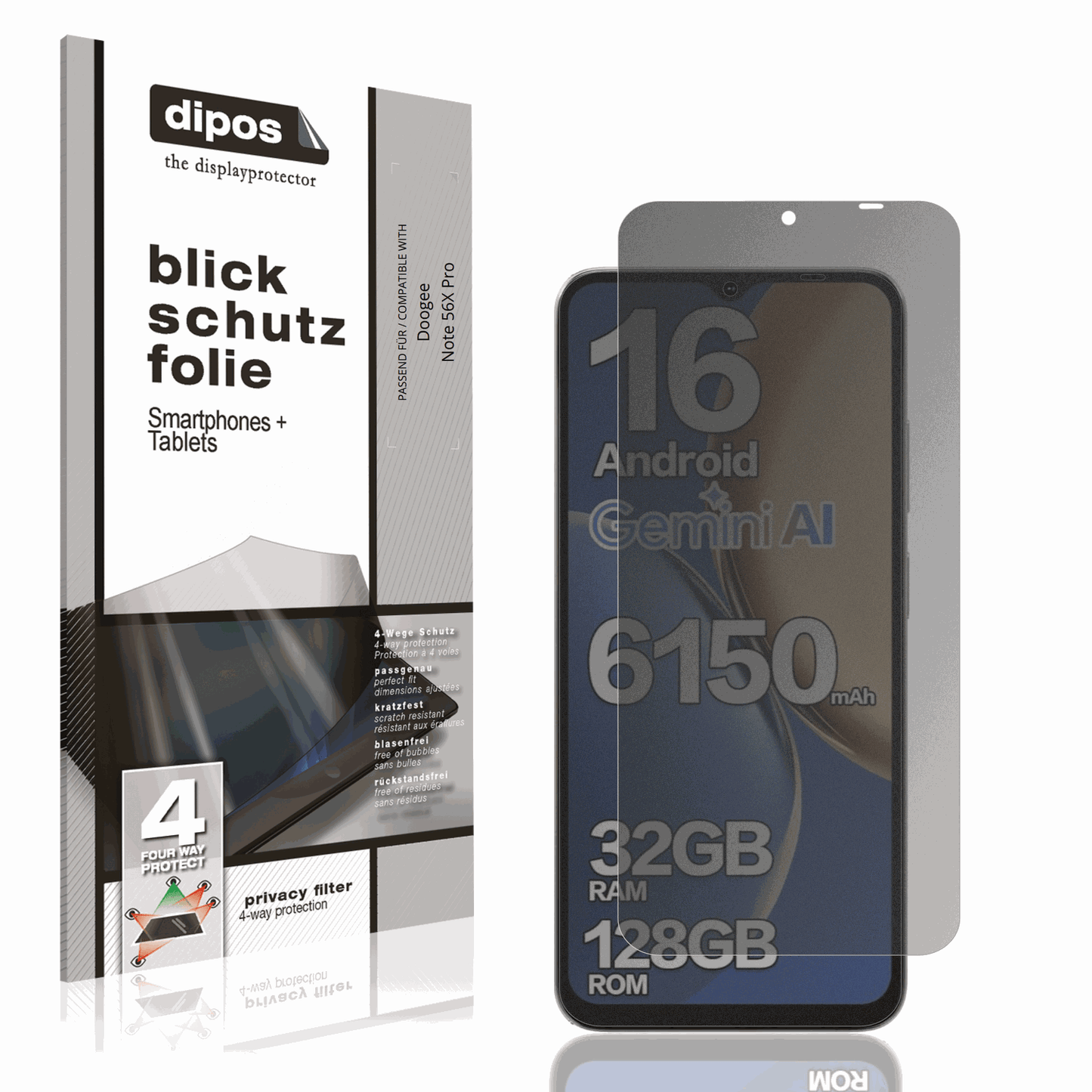Blickschutzfolie von dipos passend für Doogee Note 56X Pro, präziser Zuschnitt und blasenfrei montiert