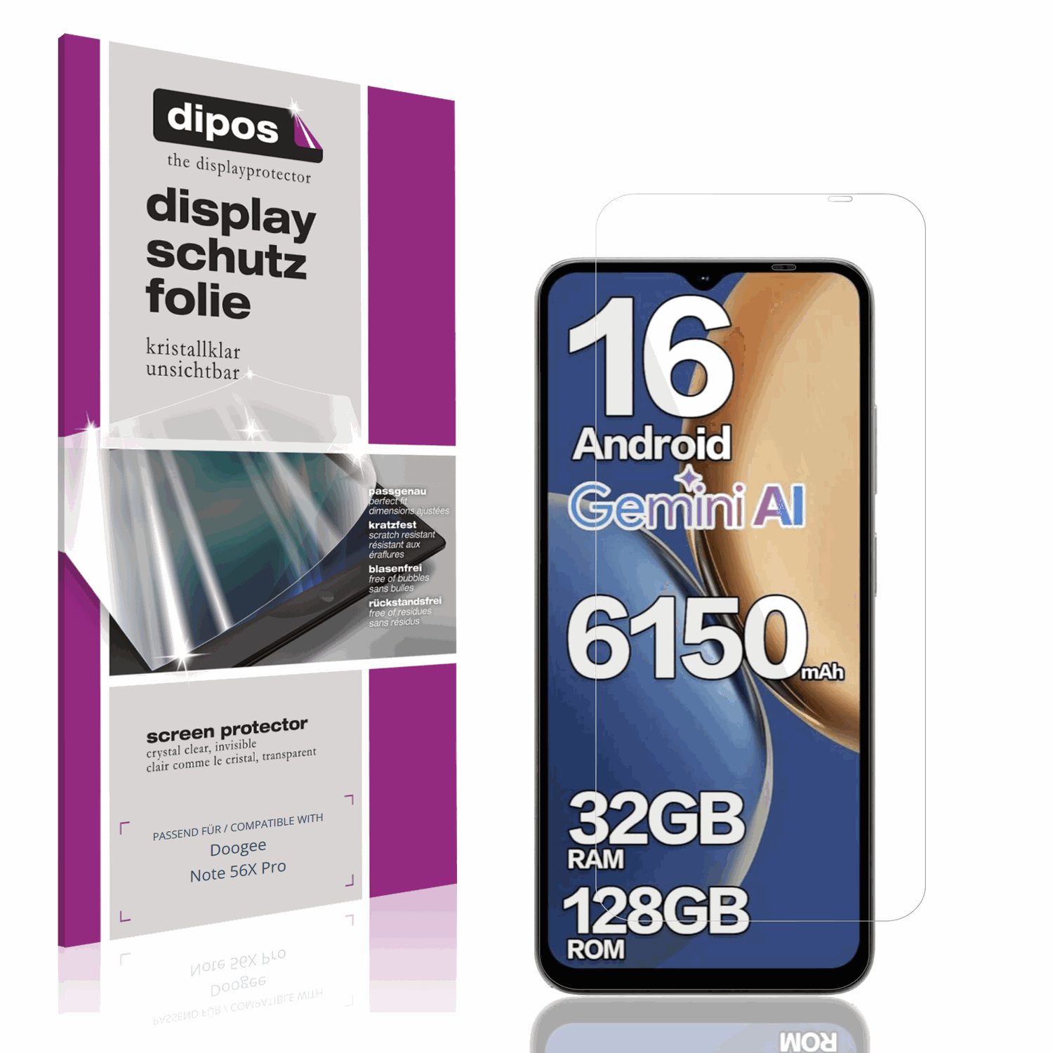 Klare Displayschutzfolie von dipos passend für Doogee Note 56X Pro, präziser Zuschnitt und blasenfrei montiert