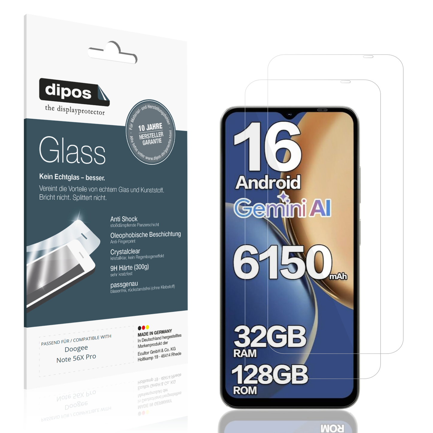 Klare Displayschutzfolie von dipos passend für Doogee Note 56X Pro, 9H kratzfest und blasenfrei montiert