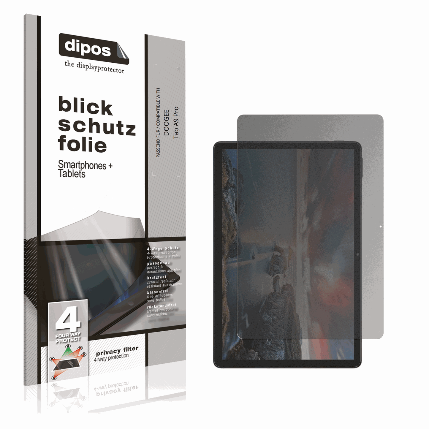 Blickschutzfolie von dipos passend für DOOGEE Tab A9 Pro, präziser Zuschnitt und blasenfrei montiert