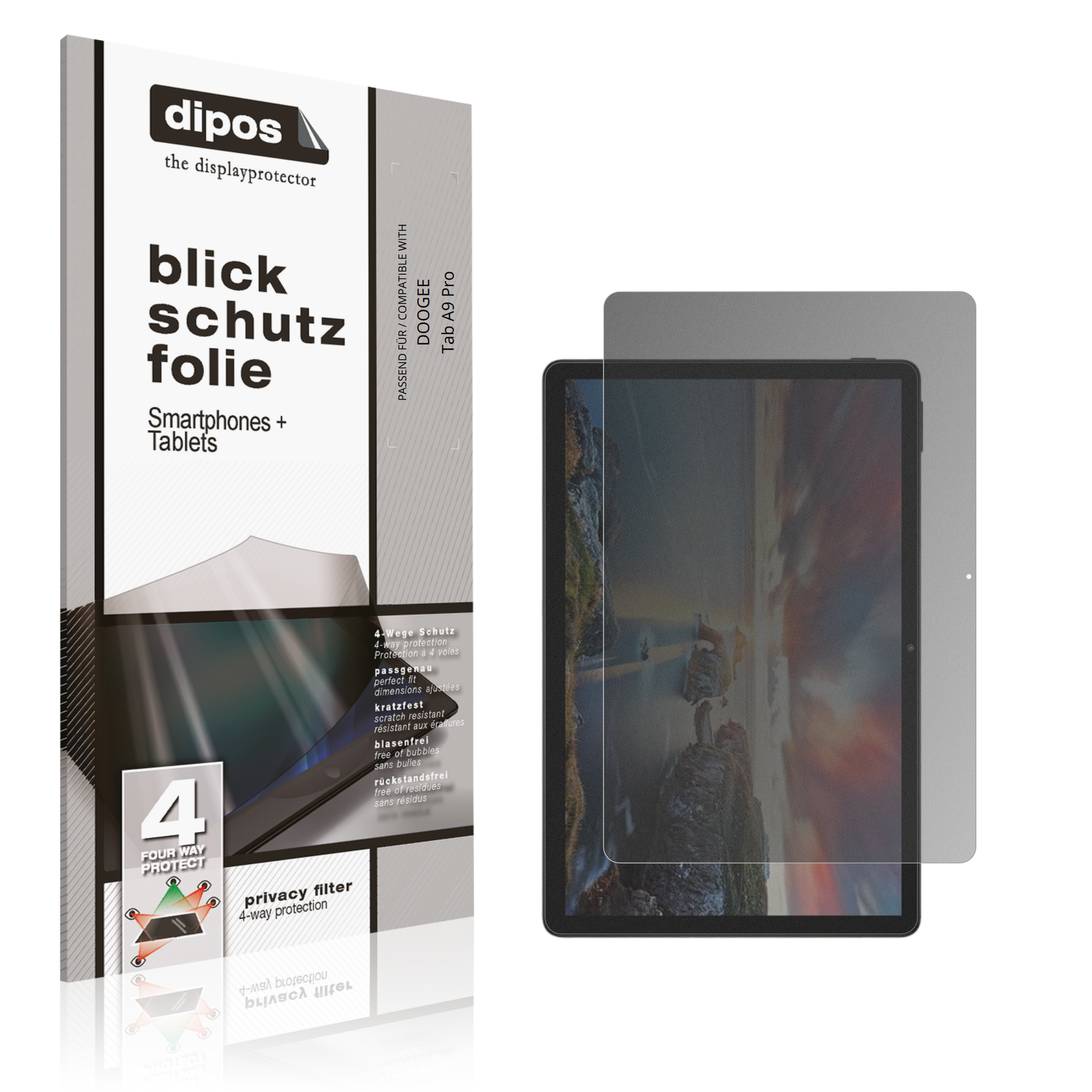 Blickschutzfolie von dipos passend für DOOGEE Tab A9 Pro, präziser Zuschnitt und blasenfrei montiert