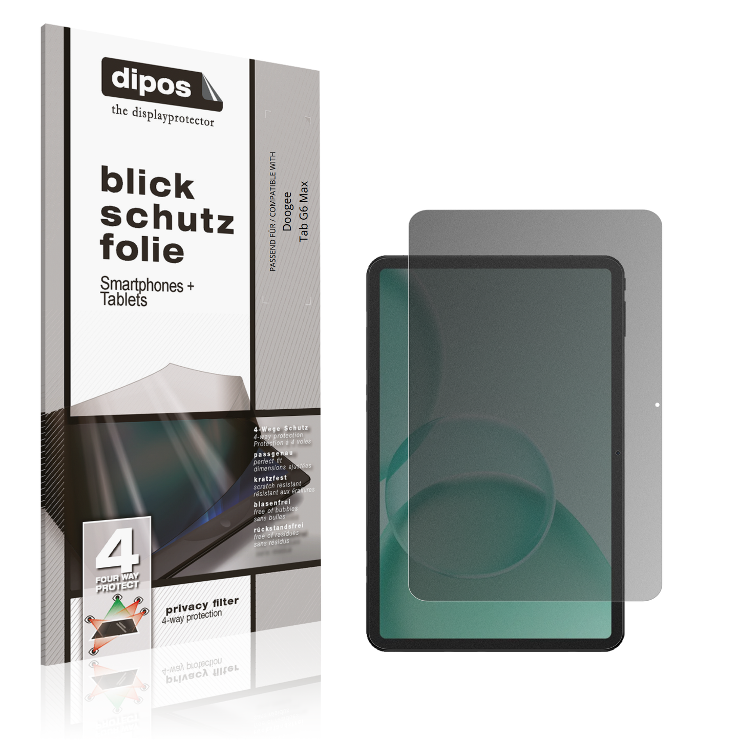 Blickschutzfolie von dipos passend für doogeetab g6 max, präziser Zuschnitt und blasenfrei montiert
