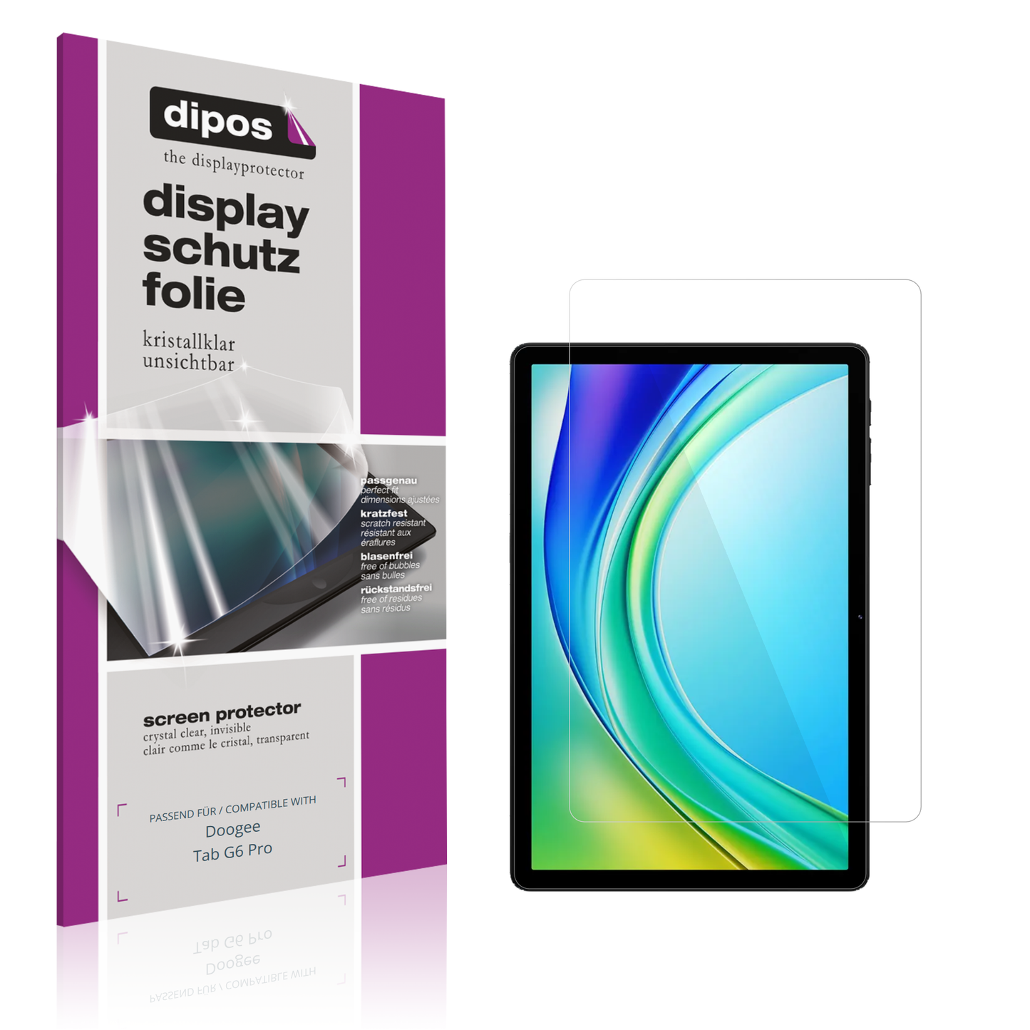 Klare Displayschutzfolie von dipos passend für Doogee Tab G6 Pro, präziser Zuschnitt und blasenfrei montiert