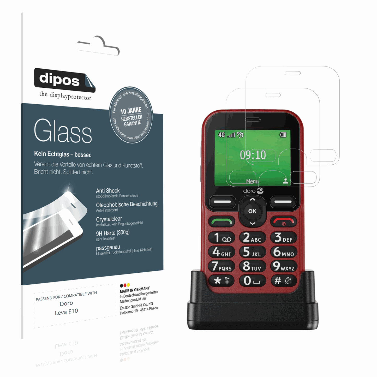 Klare Displayschutzfolie von dipos passend für Doro Leva E10, 9H kratzfest und blasenfrei montiert