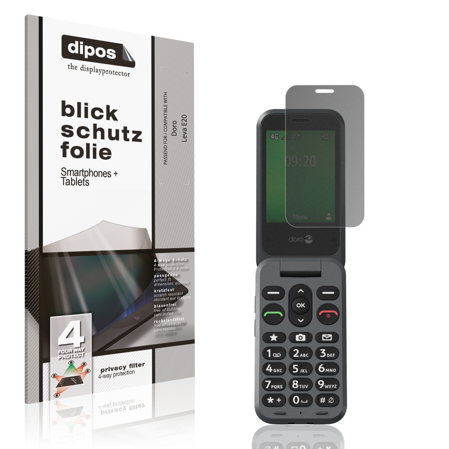 Blickschutzfolie von dipos passend für Doro Leva E20, präziser Zuschnitt und blasenfrei montiert