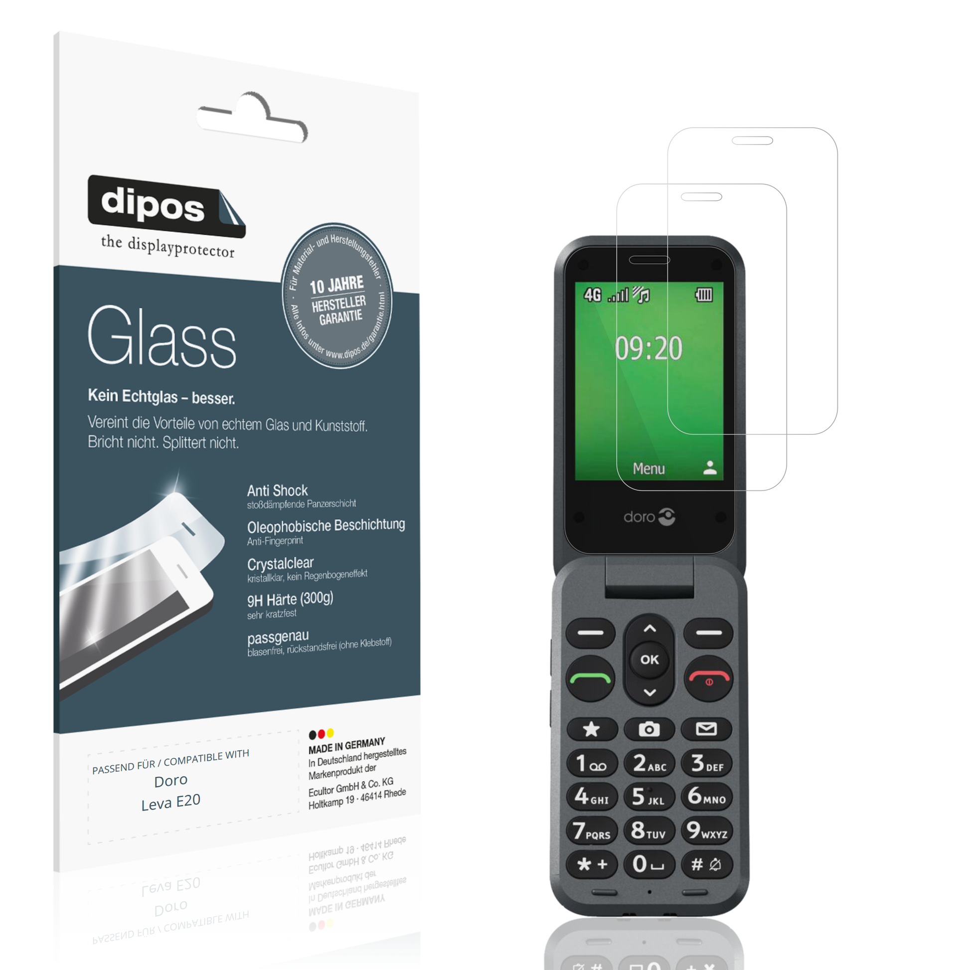 Klare Displayschutzfolie von dipos passend für Doro Leva E20, 9H kratzfest und blasenfrei montiert
