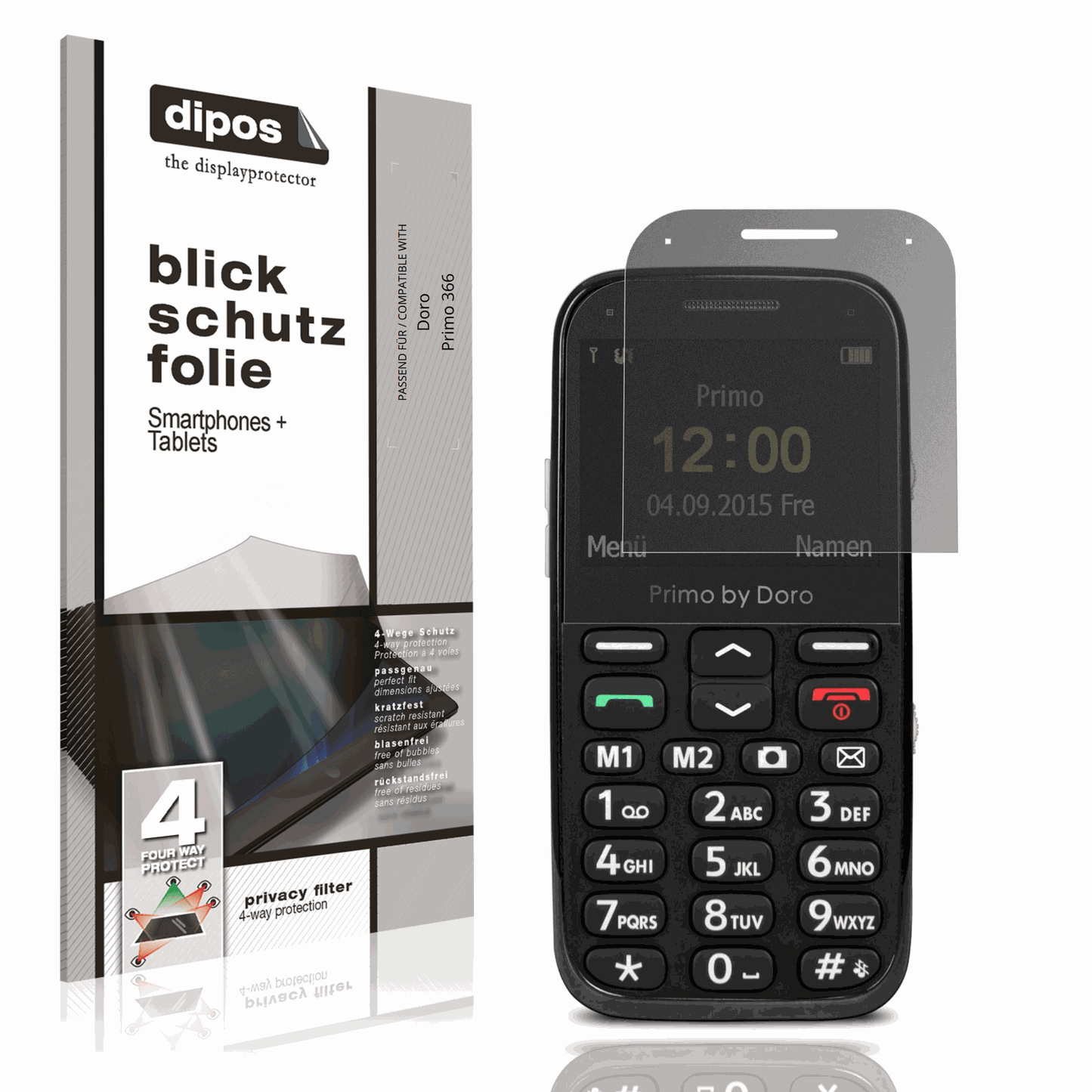 Blickschutzfolie von dipos passend für Doro Primo 366, präziser Zuschnitt und blasenfrei montiert