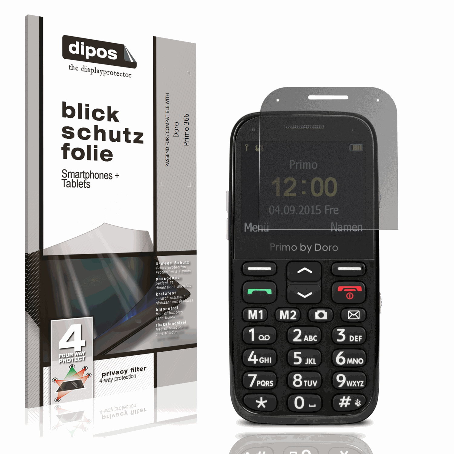 Blickschutzfolie von dipos passend für Doro Primo 366, präziser Zuschnitt und blasenfrei montiert