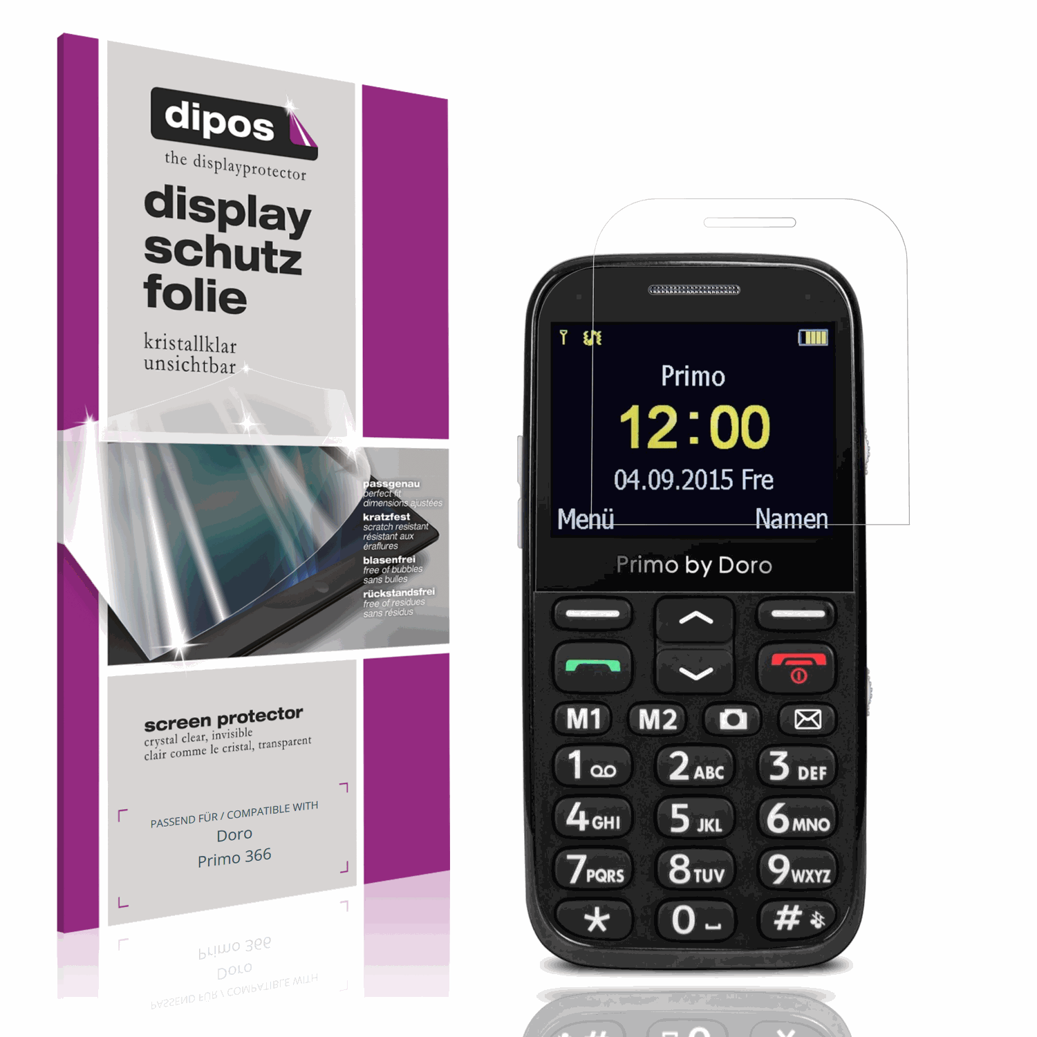 Klare Displayschutzfolie von dipos passend für Doro Primo 366, präziser Zuschnitt und blasenfrei montiert