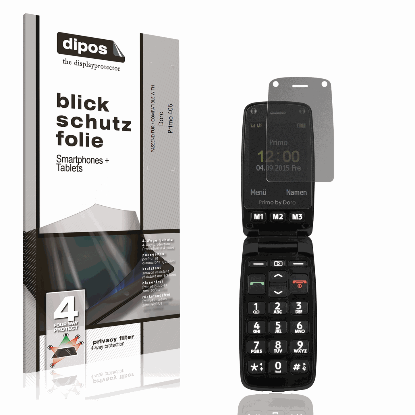 Blickschutzfolie von dipos passend für Doro Primo 406, präziser Zuschnitt und blasenfrei montiert