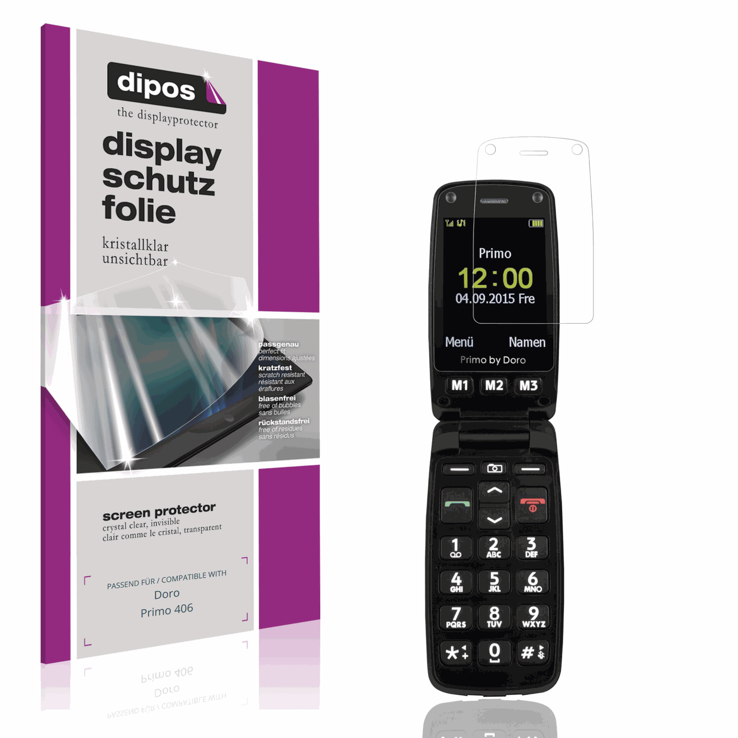 Klare Displayschutzfolie von dipos passend für Doro Primo 406, präziser Zuschnitt und blasenfrei montiert