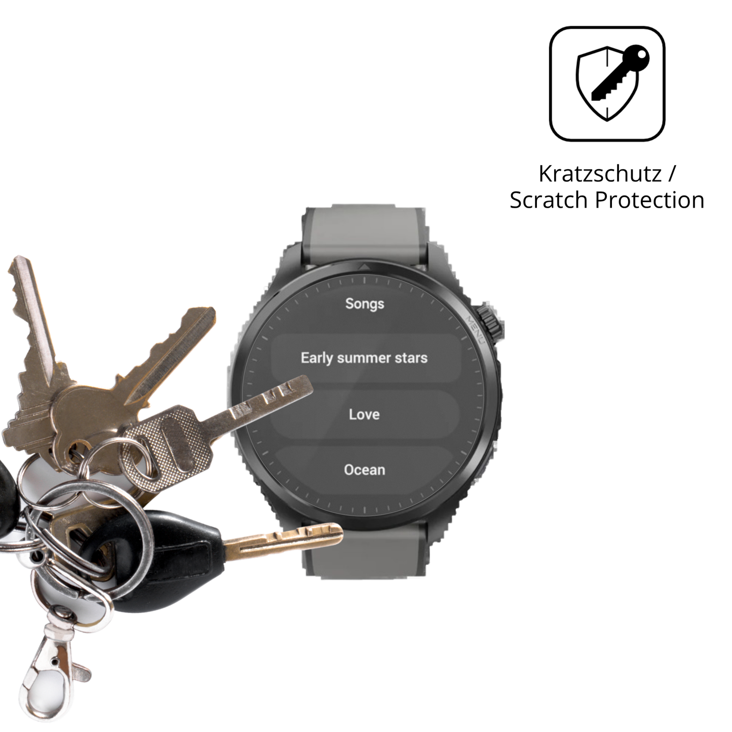 Schutz gegen Kratzer auf dem Duoripe 1.43 Zoll Smartwatch Glas durch Schlüssel oder Ähnliches