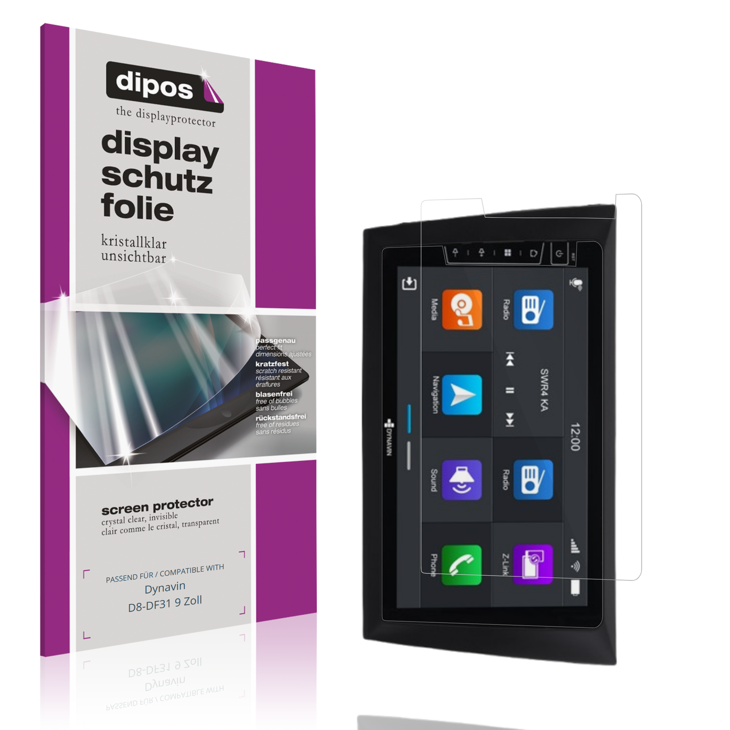 Klare Displayschutzfolie von dipos passend für Dynavin D8-DF31 9 Zoll, präziser Zuschnitt und blasenfrei montiert
