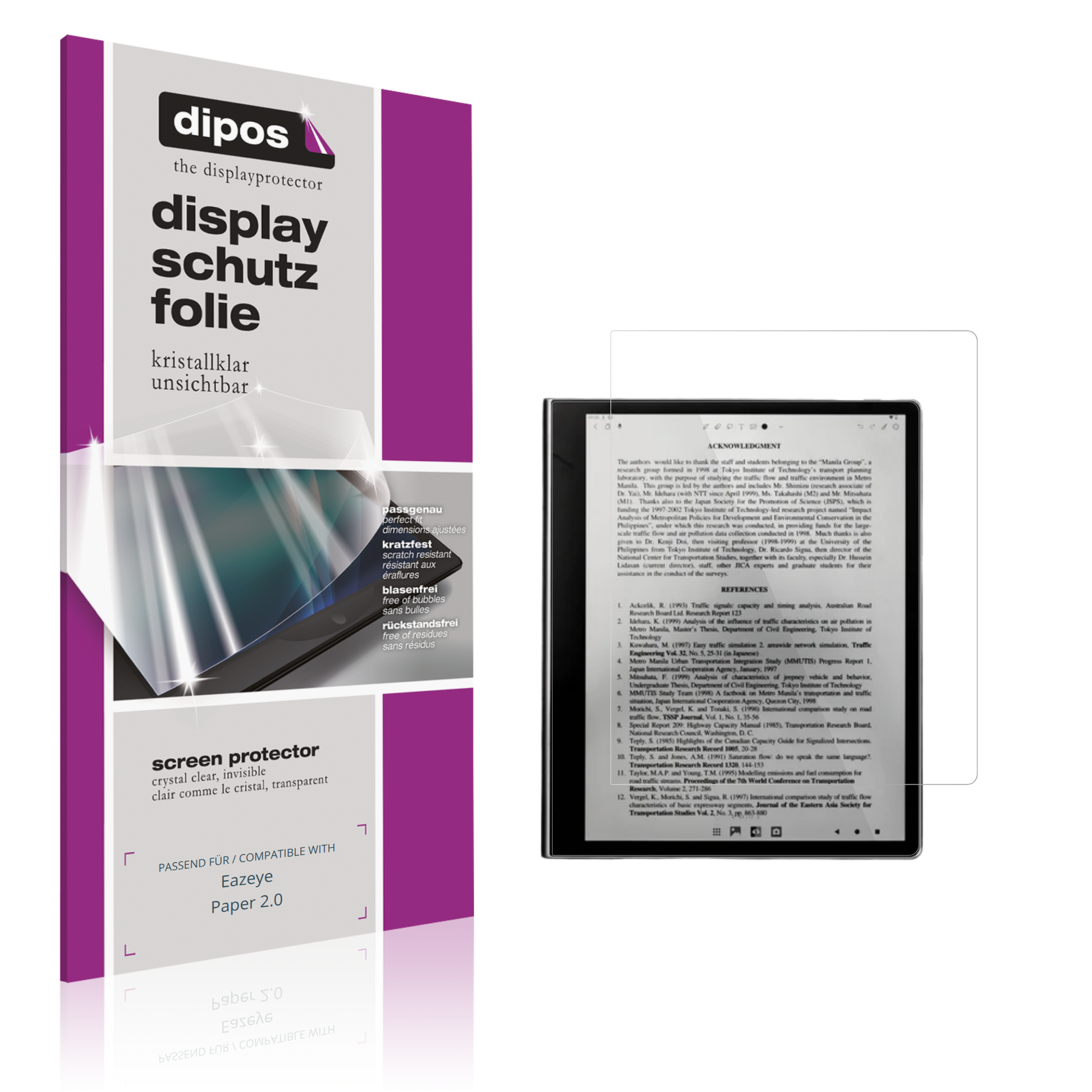 Klare Displayschutzfolie von dipos passend für eazeyepaper 2.0, präziser Zuschnitt und blasenfrei montiert