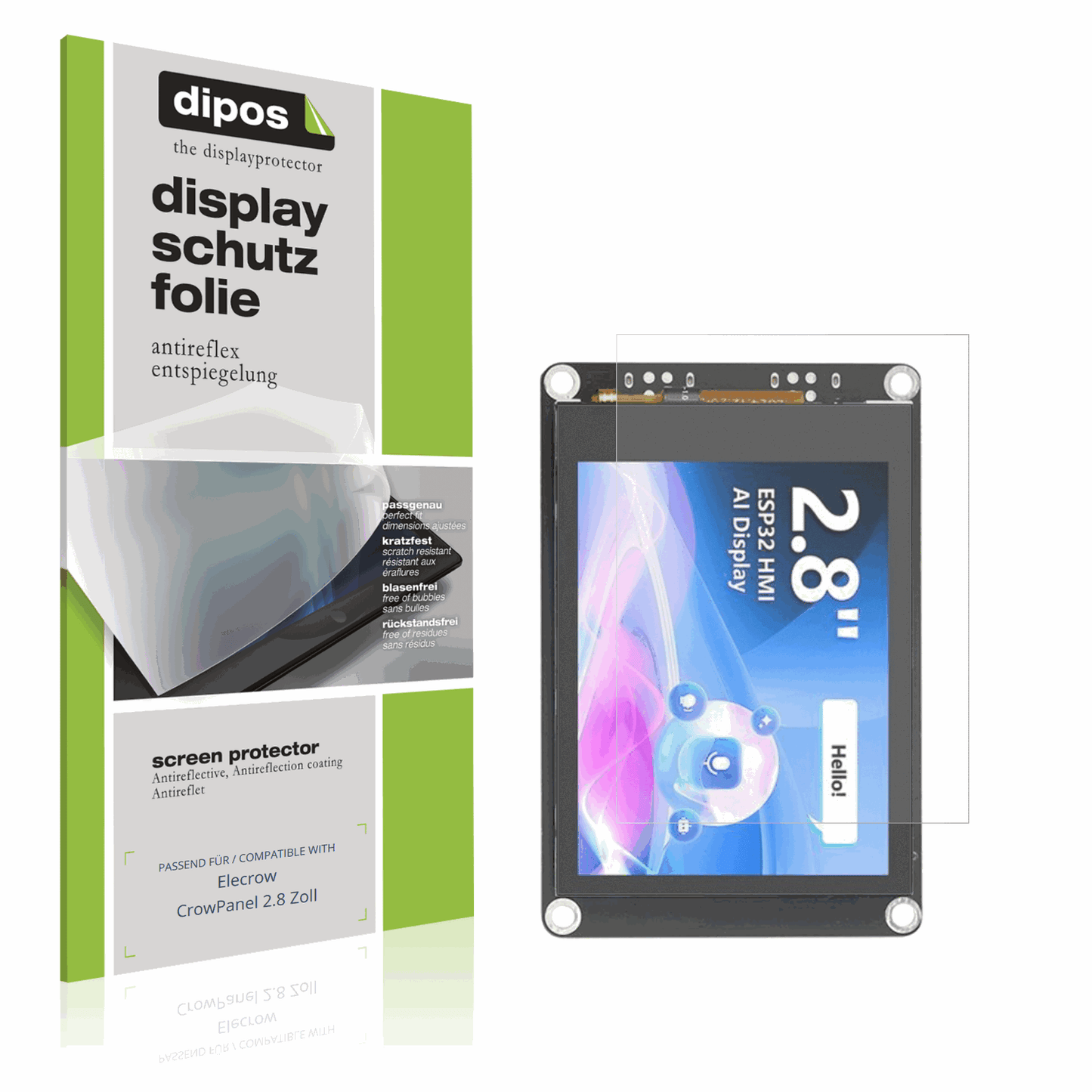 Matte Displayschutzfolie von dipos passend für Elecrow CrowPanel 2.8 Zoll, präziser Zuschnitt und blasenfrei montiert