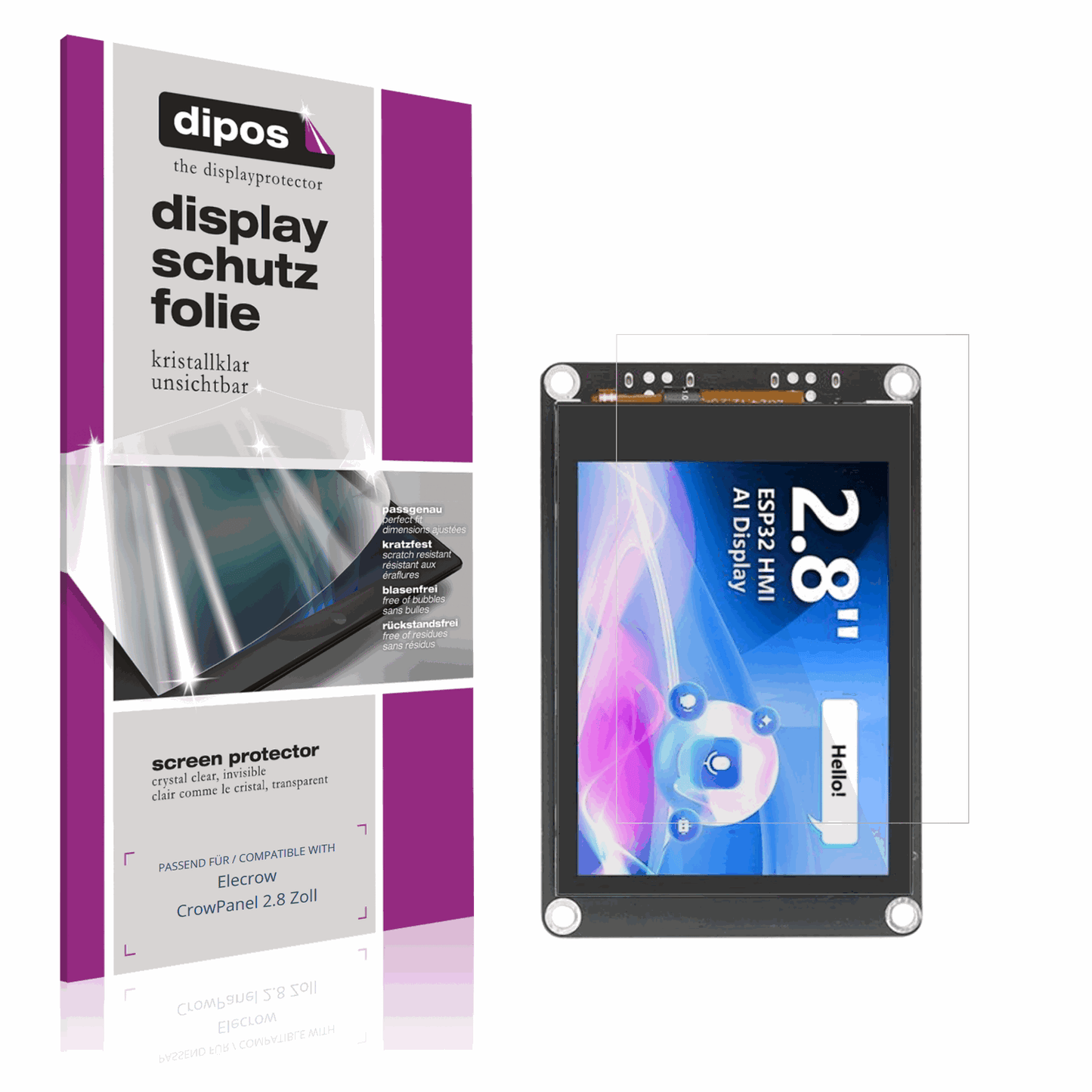 Klare Displayschutzfolie von dipos passend für Elecrow CrowPanel 2.8 Zoll, präziser Zuschnitt und blasenfrei montiert