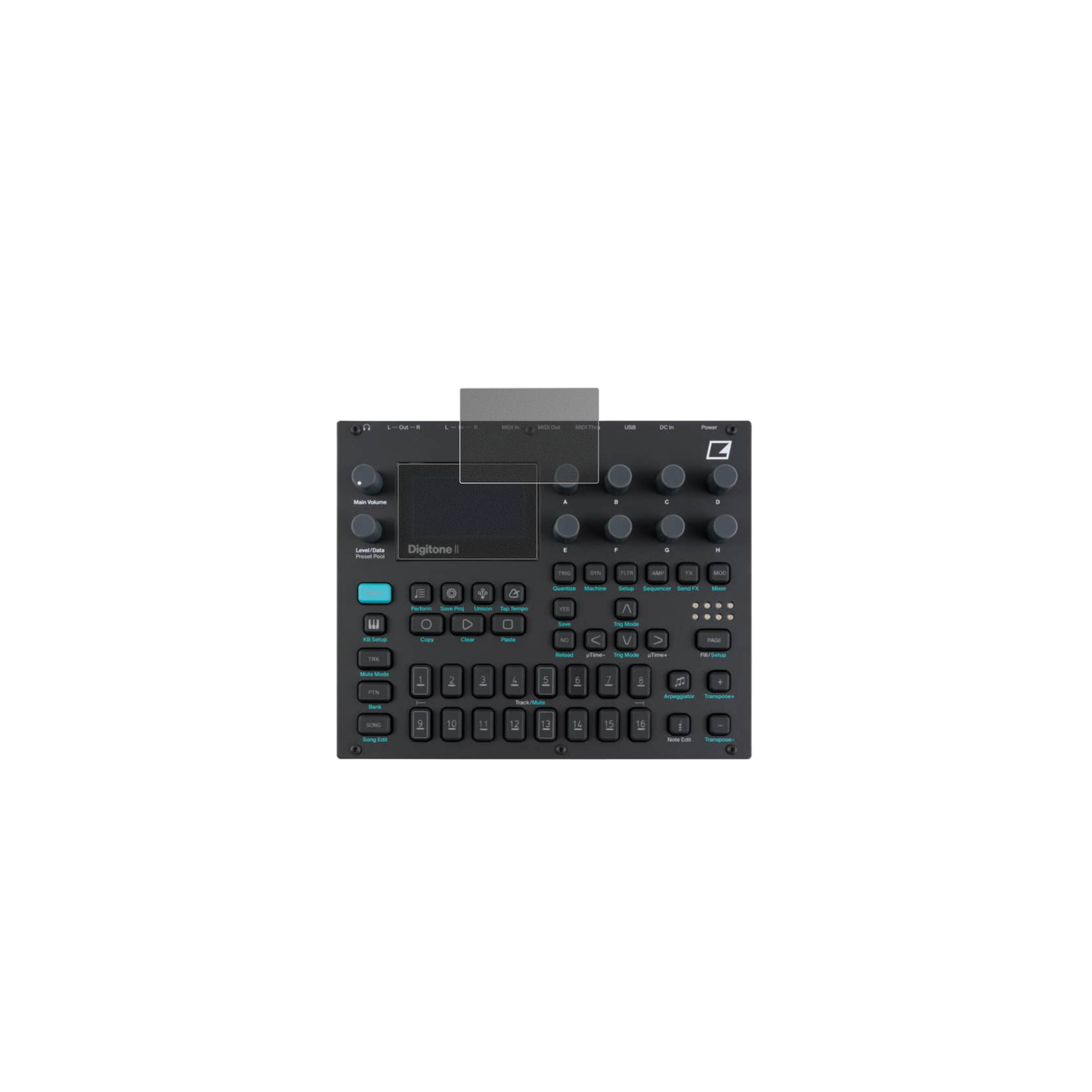 ElektronDigitone mit aufgebrachtem dipos Displayschutz, der seitliche Einblicke blockiert