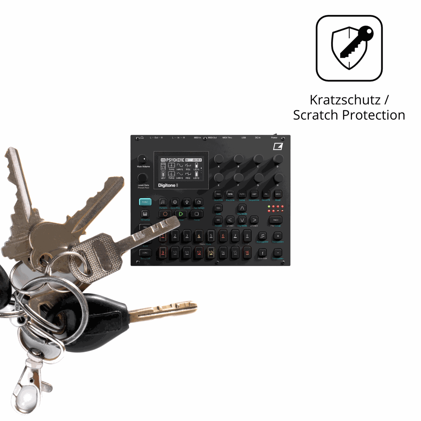 Schutz gegen Kratzer auf dem Elektron Digitone II Glas durch Schlüssel oder Ähnliches