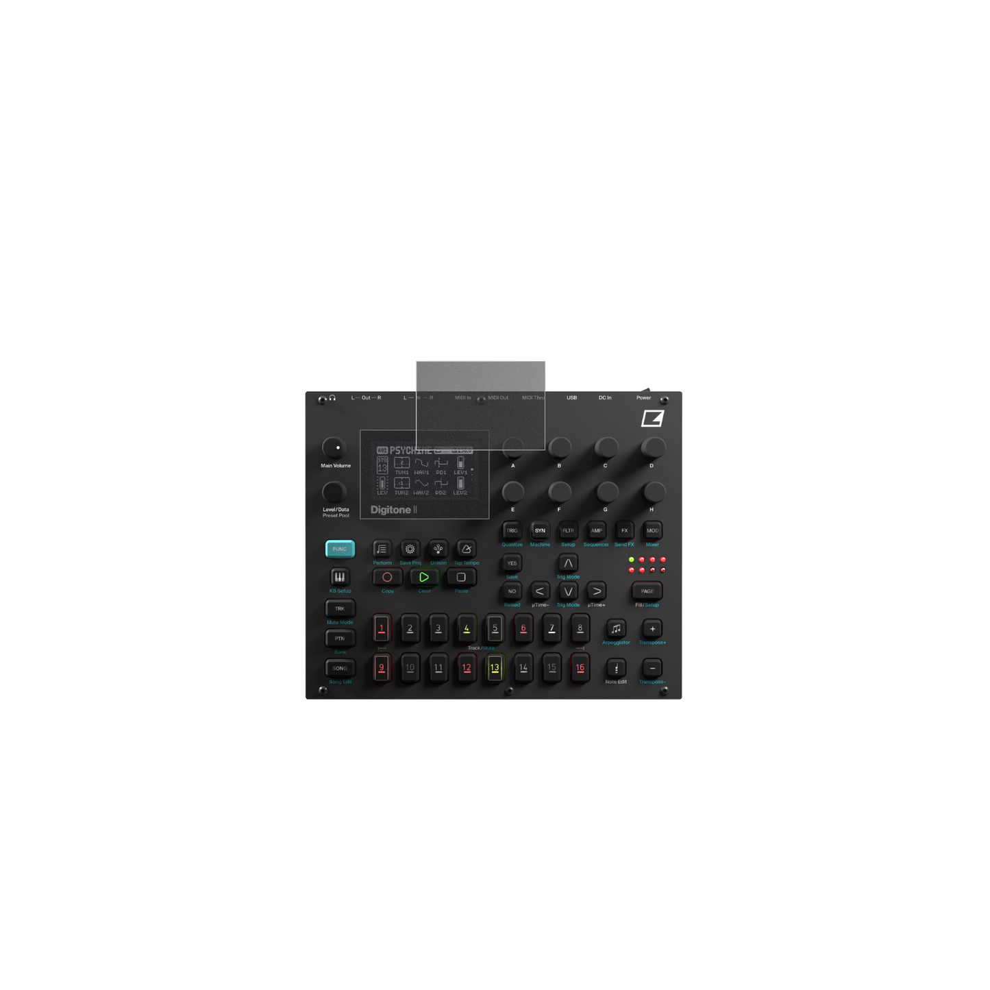 ElektronDigitone II mit aufgebrachtem dipos Displayschutz, der seitliche Einblicke blockiert