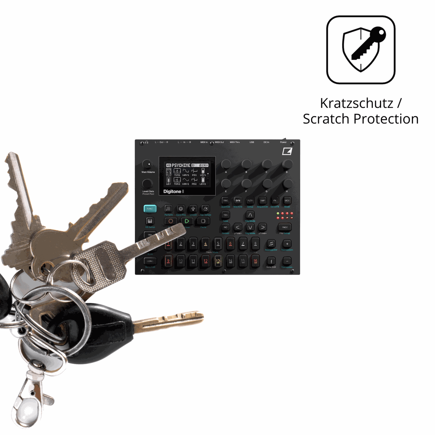 Schutz gegen Kratzer auf dem Elektron Digitone II Glas durch Schlüssel oder Ähnliches