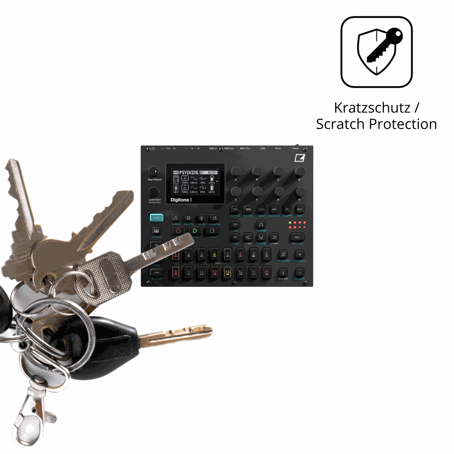 Schutz gegen Kratzer auf dem Elektron Digitone II Glas durch Schlüssel oder Ähnliches