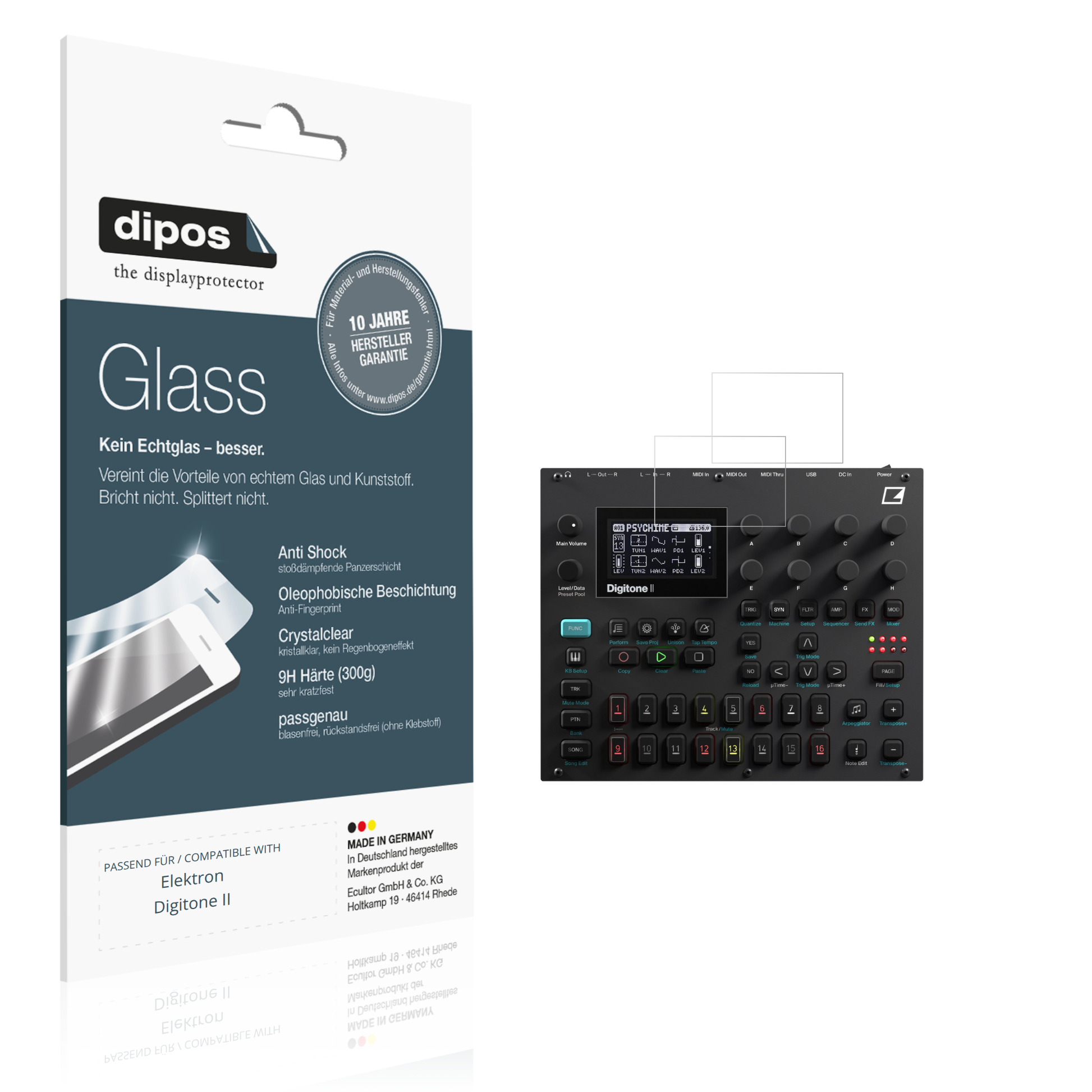 Klare Displayschutzfolie von dipos passend für Elektron Digitone II, 9H kratzfest und blasenfrei montiert