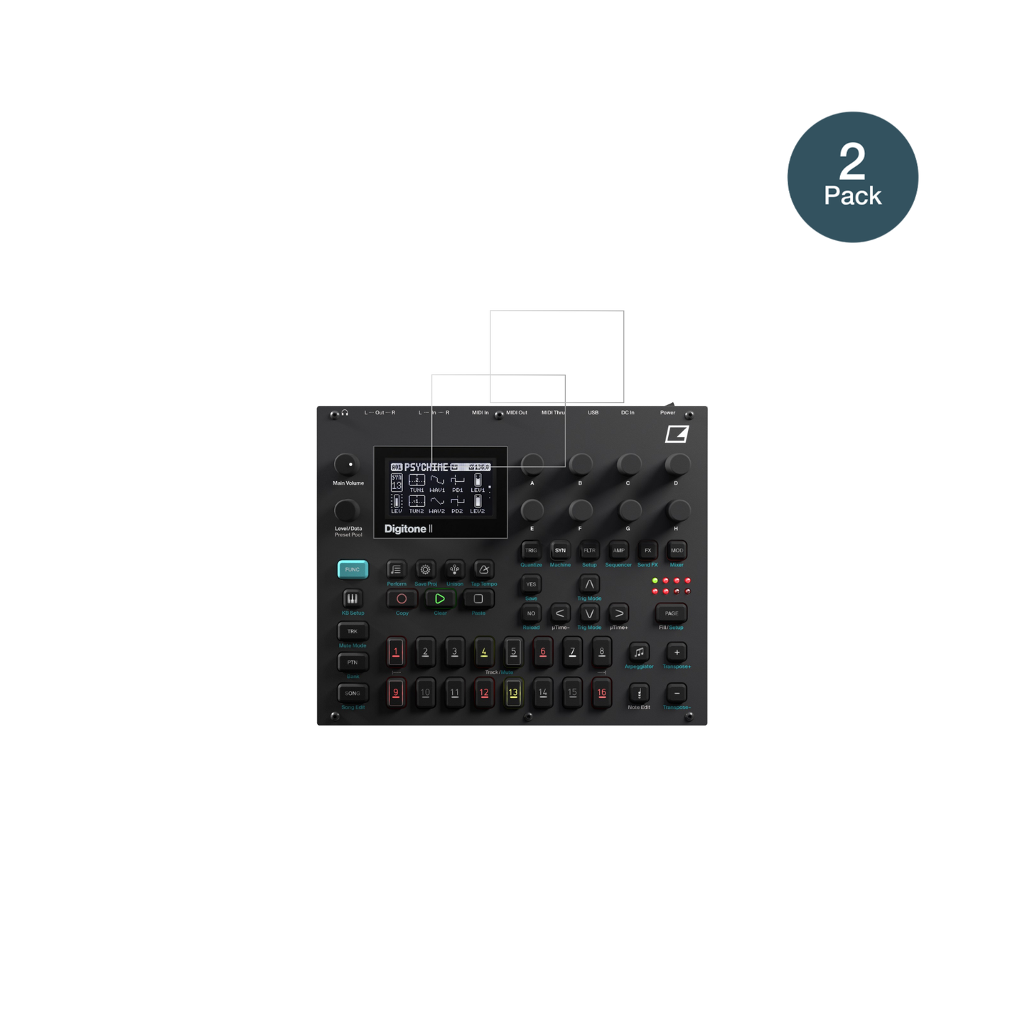 ElektronDigitone II mit aufgebrachter dipos Flex Schutzfolie, glasklare Darstellung ohne Einschränkungen