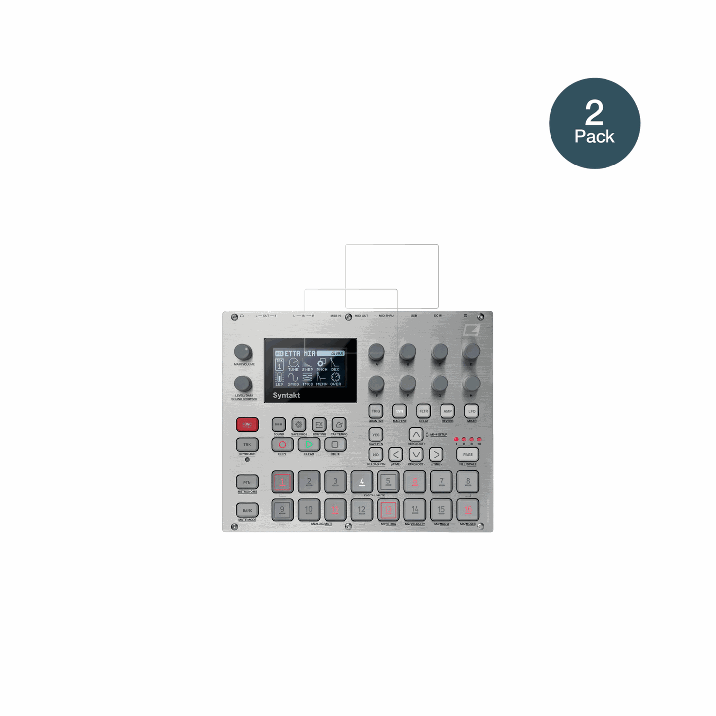 ElektronSyntakt E25 mit aufgebrachter dipos Flex Schutzfolie, glasklare Darstellung ohne Einschränkungen