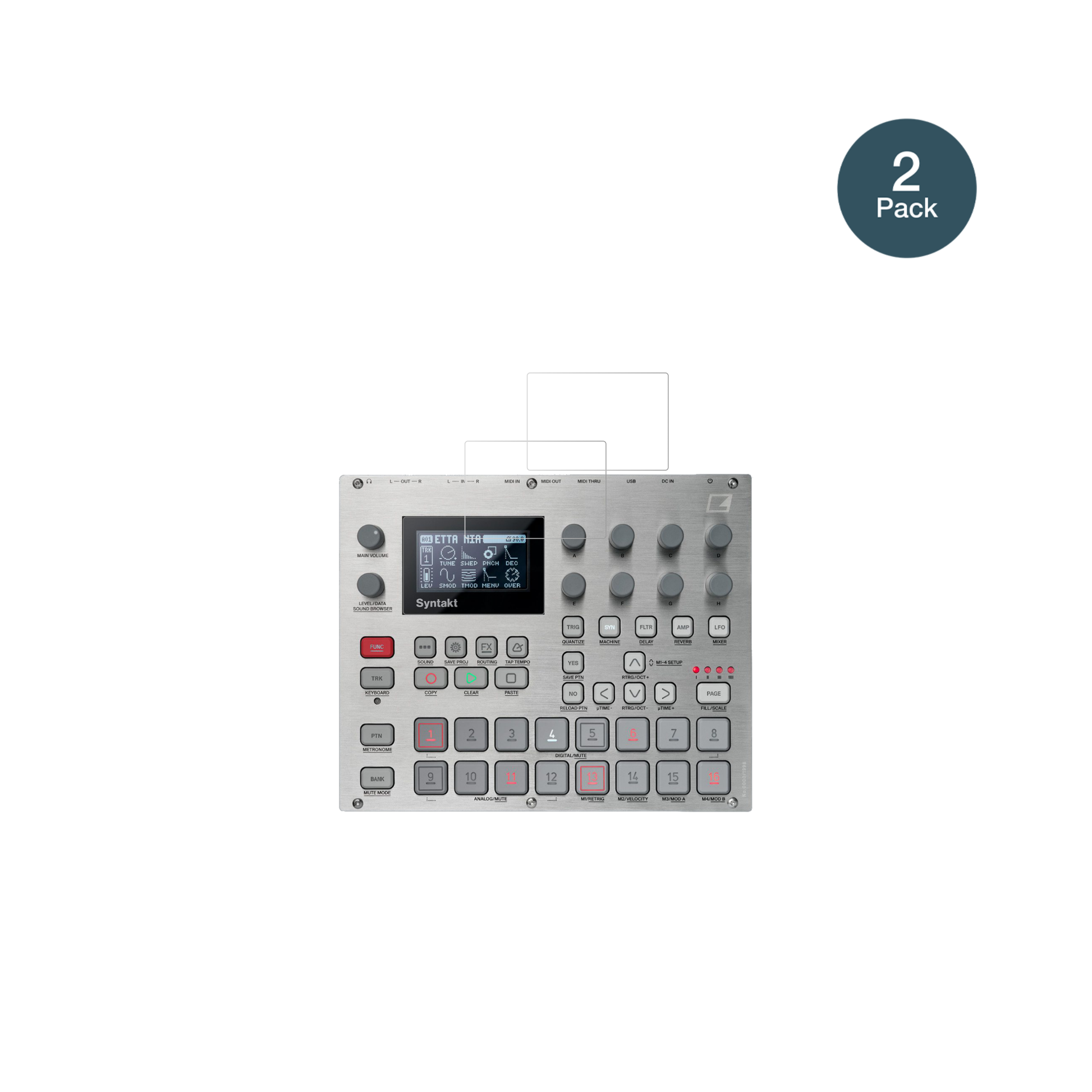 ElektronSyntakt E25 mit aufgebrachter dipos Flex Schutzfolie, glasklare Darstellung ohne Einschränkungen