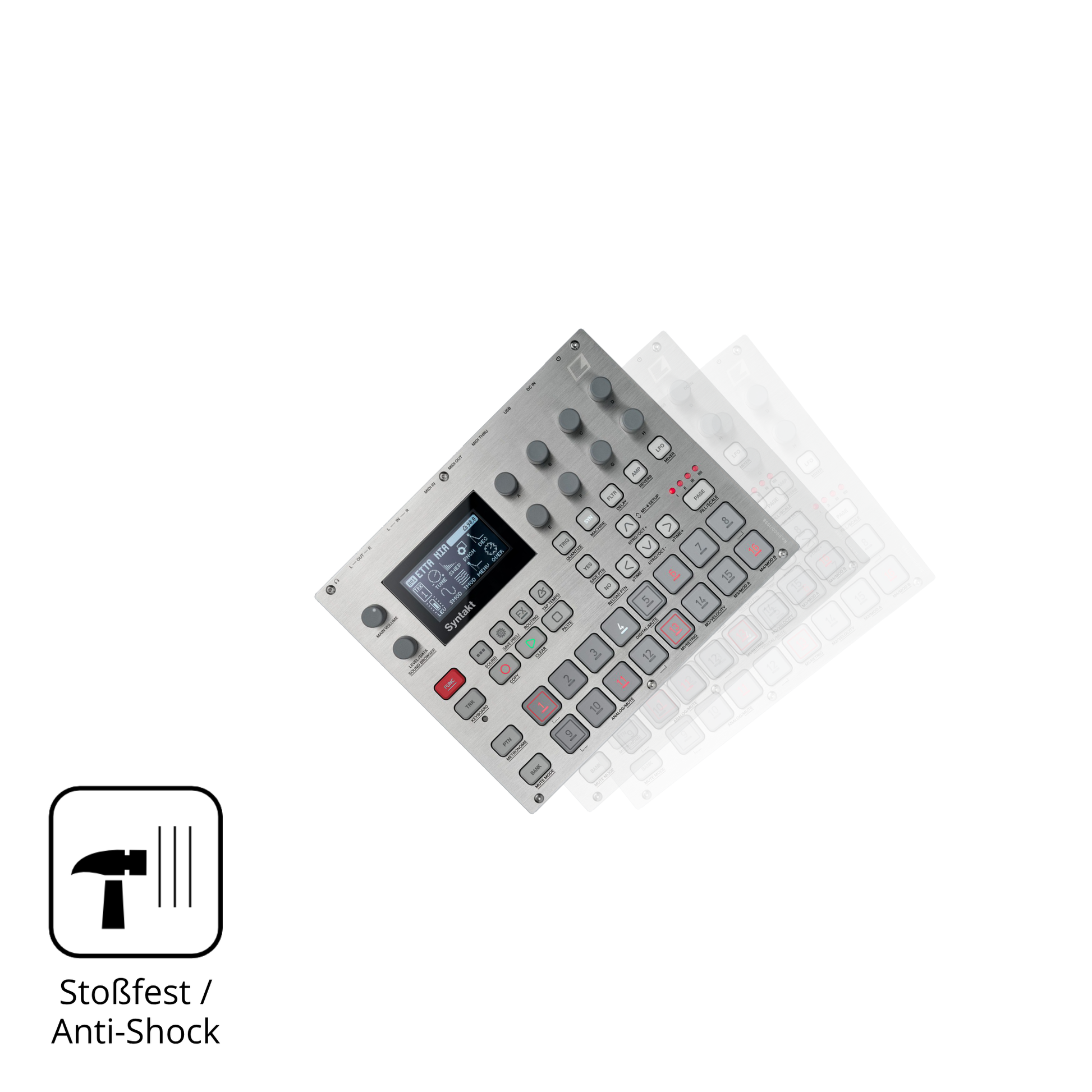 Schutz gegen Kratzer auf dem Elektron Syntakt E25 Glas durch Schlüssel, Stöße gegen die Tischkante oder Stürze