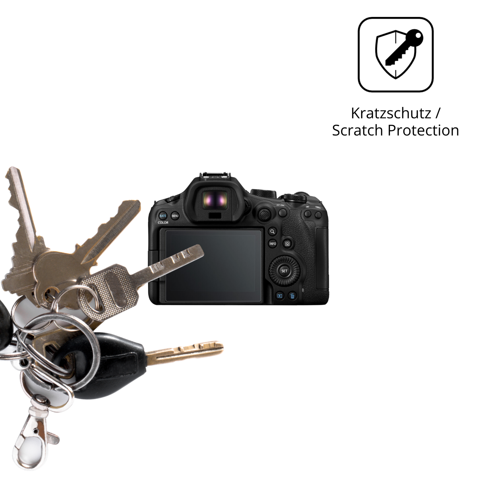 Schutz gegen Kratzer auf dem EOS R6 Mark III Glas durch Schlüssel oder Ähnliches