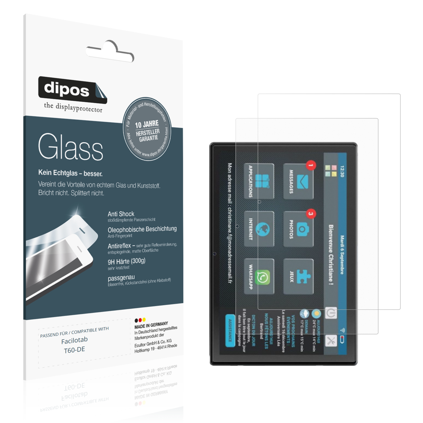 Matte Displayschutzfolie von dipos passend für Facilotab T60-DE, 9H kratzfest und blasenfrei montiert