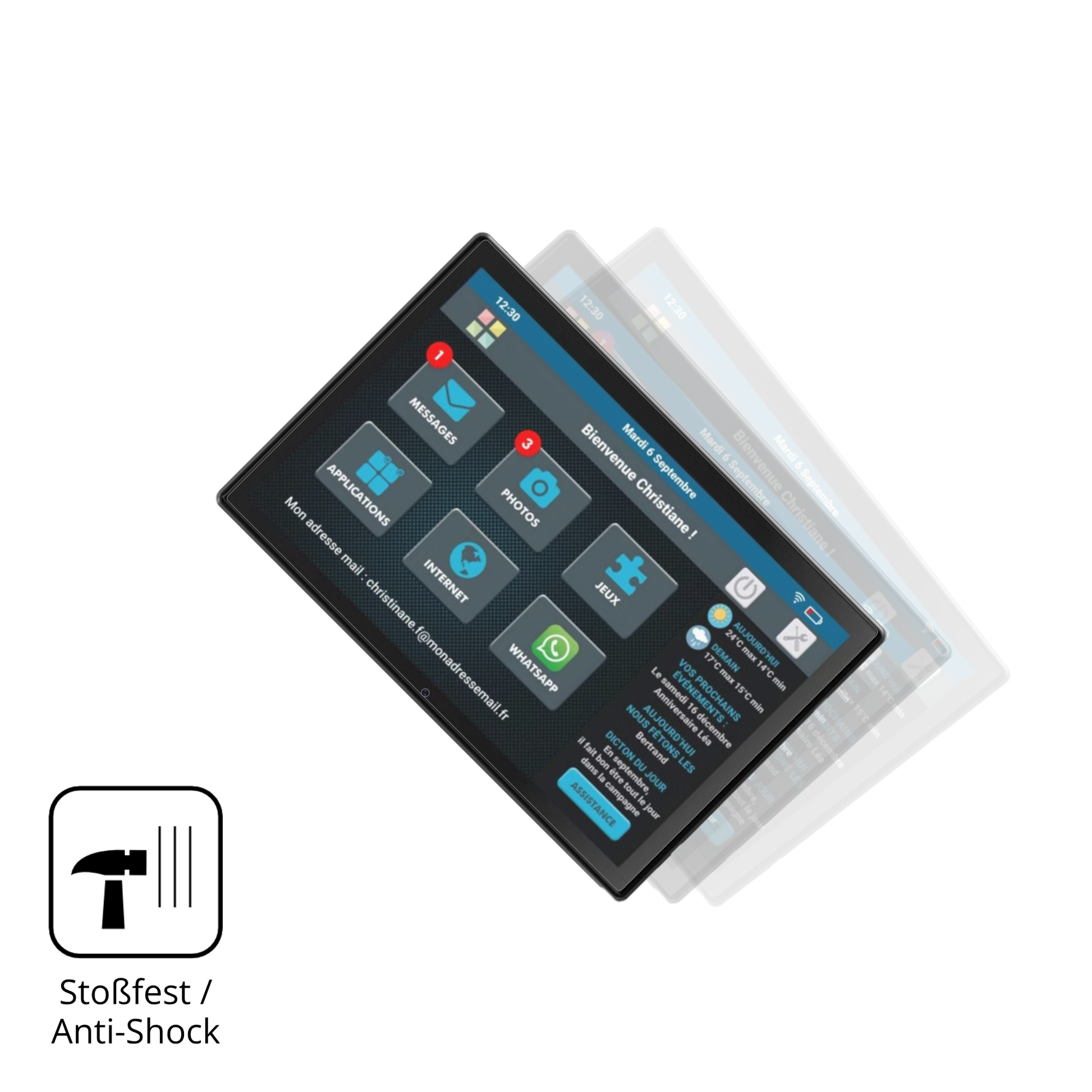 Schutz gegen Kratzer auf dem Facilotab T60-DE Glas durch Schlüssel, Stöße gegen die Tischkante oder Stürze