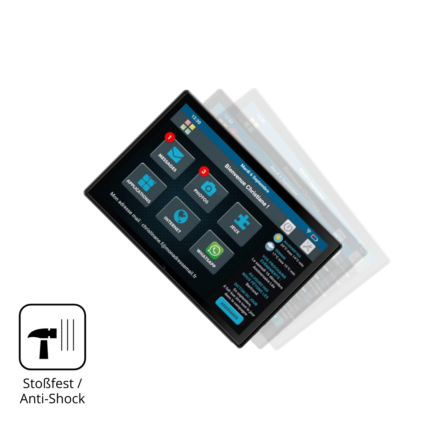 Schutz gegen Kratzer auf dem Facilotab T60-DE Glas durch Schlüssel, Stöße gegen die Tischkante oder Stürze