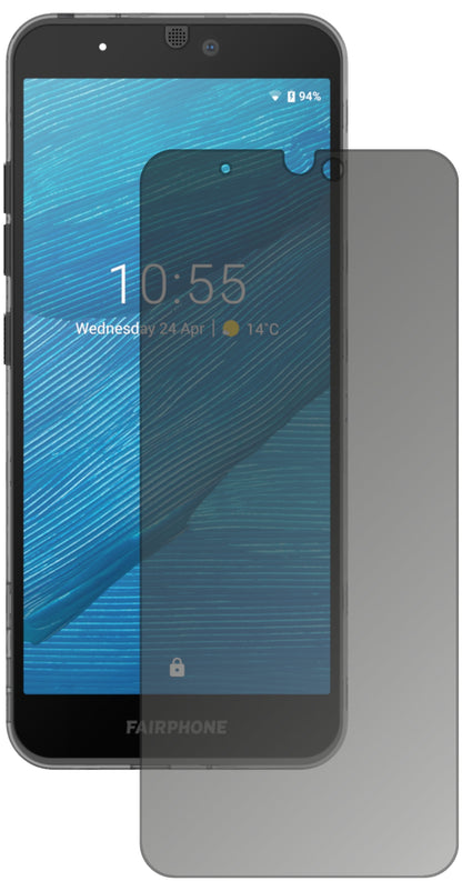 Fairphone3 mit aufgebrachtem dipos Displayschutz, der seitliche Einblicke blockiert