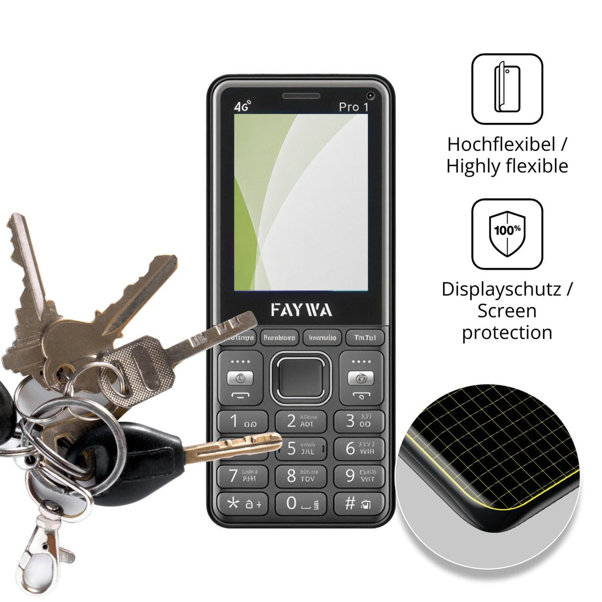 dipos Displayschutz für Faywa Pro 1 4G, transparente Oberfläche, perfekte Passform auch für die Rundungen