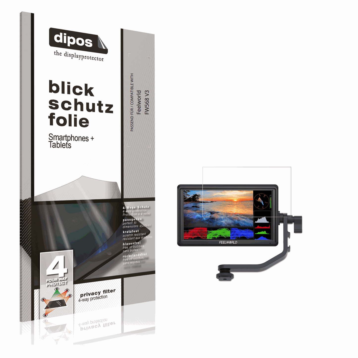 Blickschutzfolie von dipos passend für Feelworld FW568 V3, präziser Zuschnitt und blasenfrei montiert