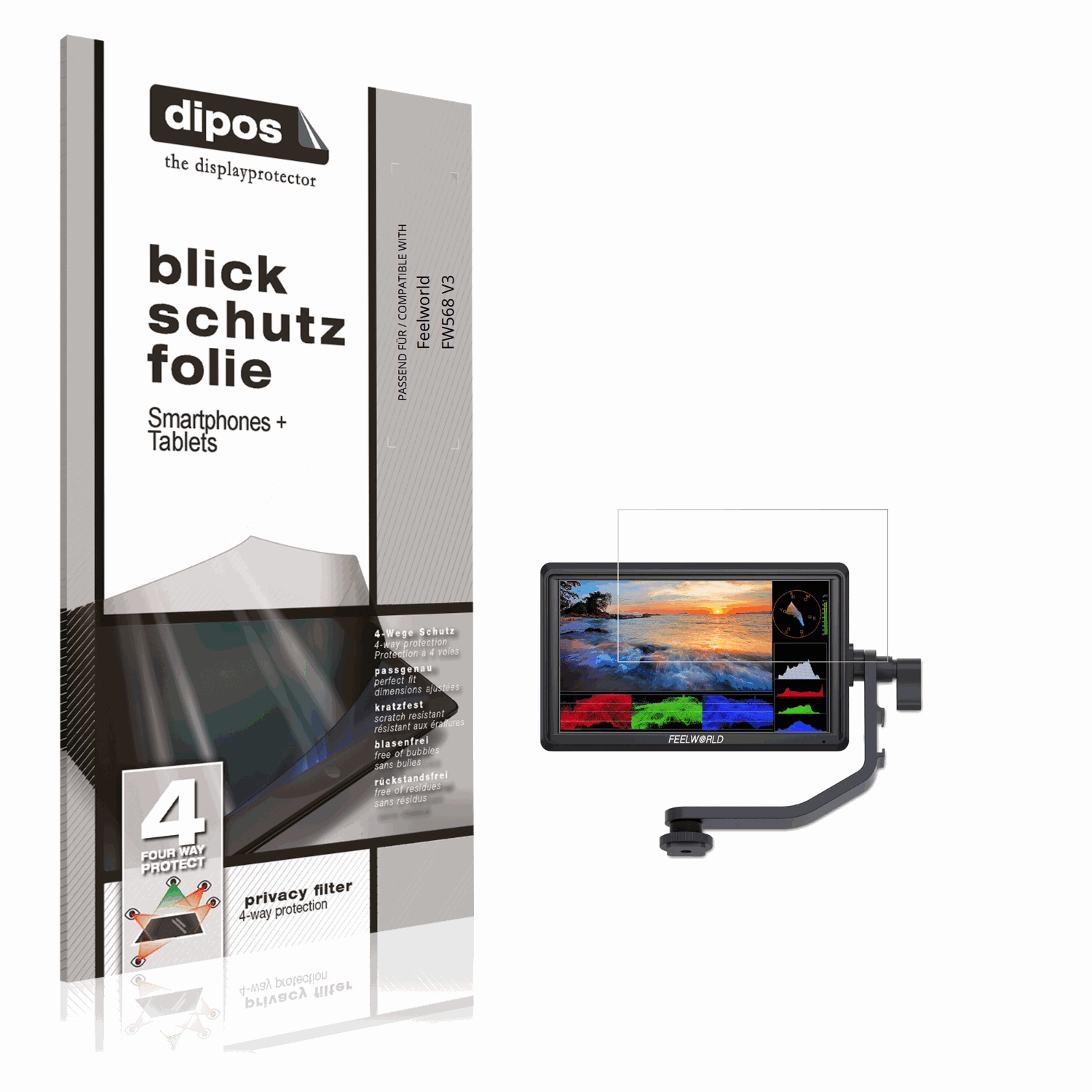 Blickschutzfolie von dipos passend für Feelworld FW568 V3, präziser Zuschnitt und blasenfrei montiert