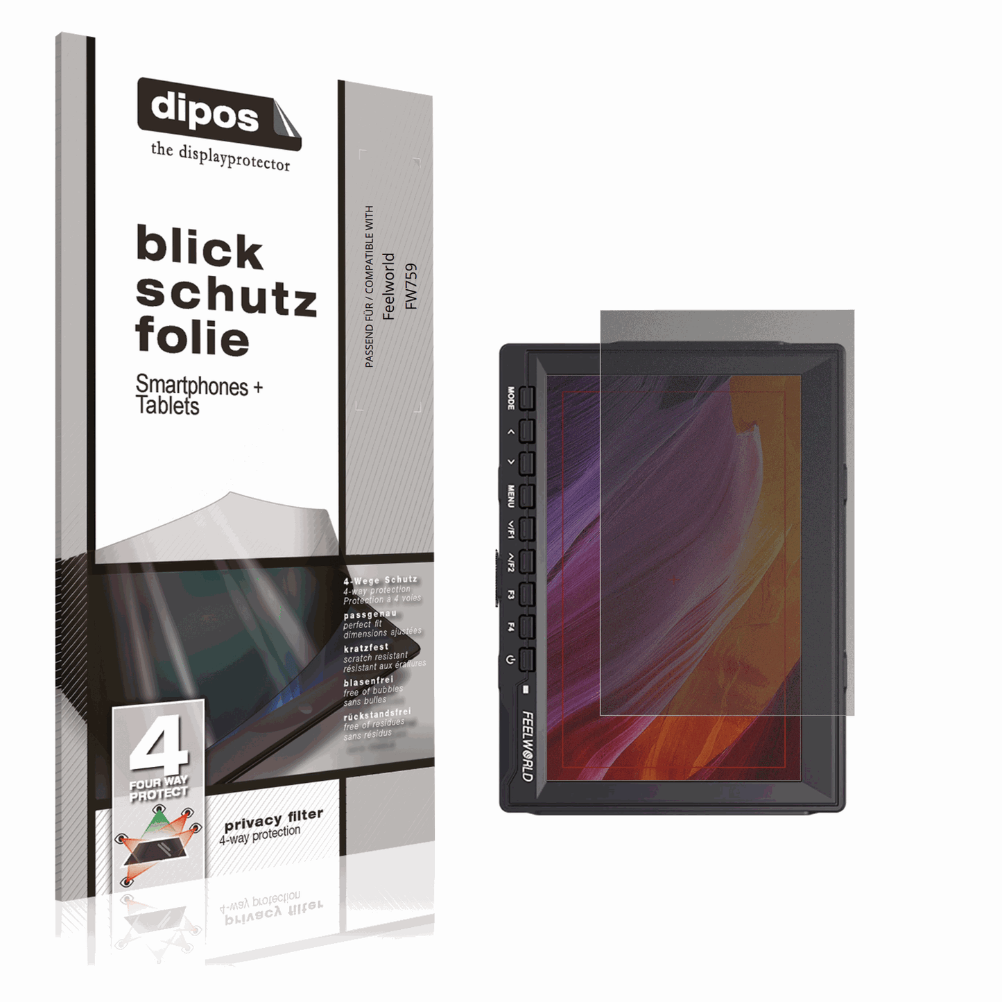 Blickschutzfolie von dipos passend für Feelworld FW759, präziser Zuschnitt und blasenfrei montiert