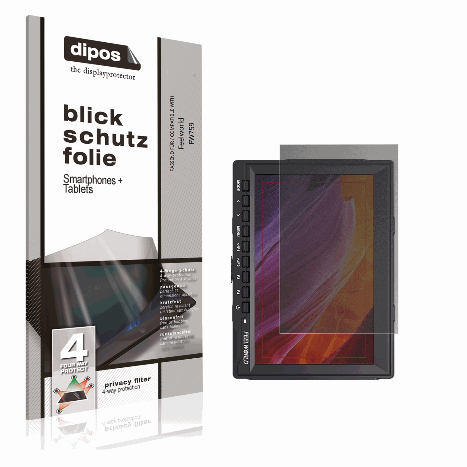 Blickschutzfolie von dipos passend für Feelworld FW759, präziser Zuschnitt und blasenfrei montiert