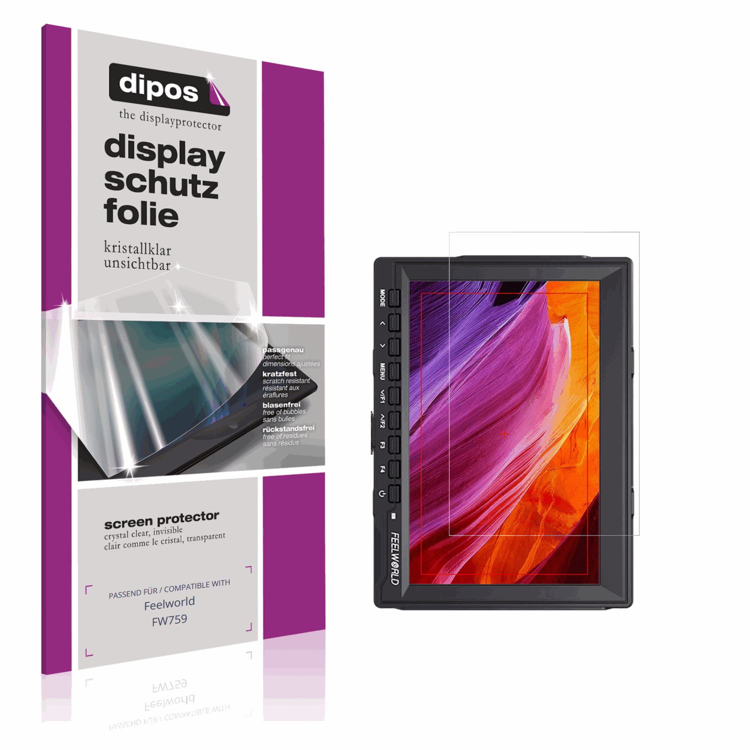 Klare Displayschutzfolie von dipos passend für Feelworld FW759, präziser Zuschnitt und blasenfrei montiert