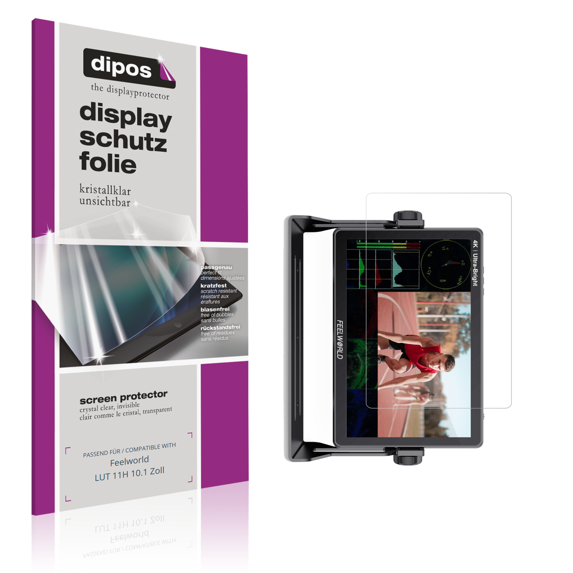 Klare Displayschutzfolie von dipos passend für Feelworld LUT 11H 10.1 Zoll, präziser Zuschnitt und blasenfrei montiert